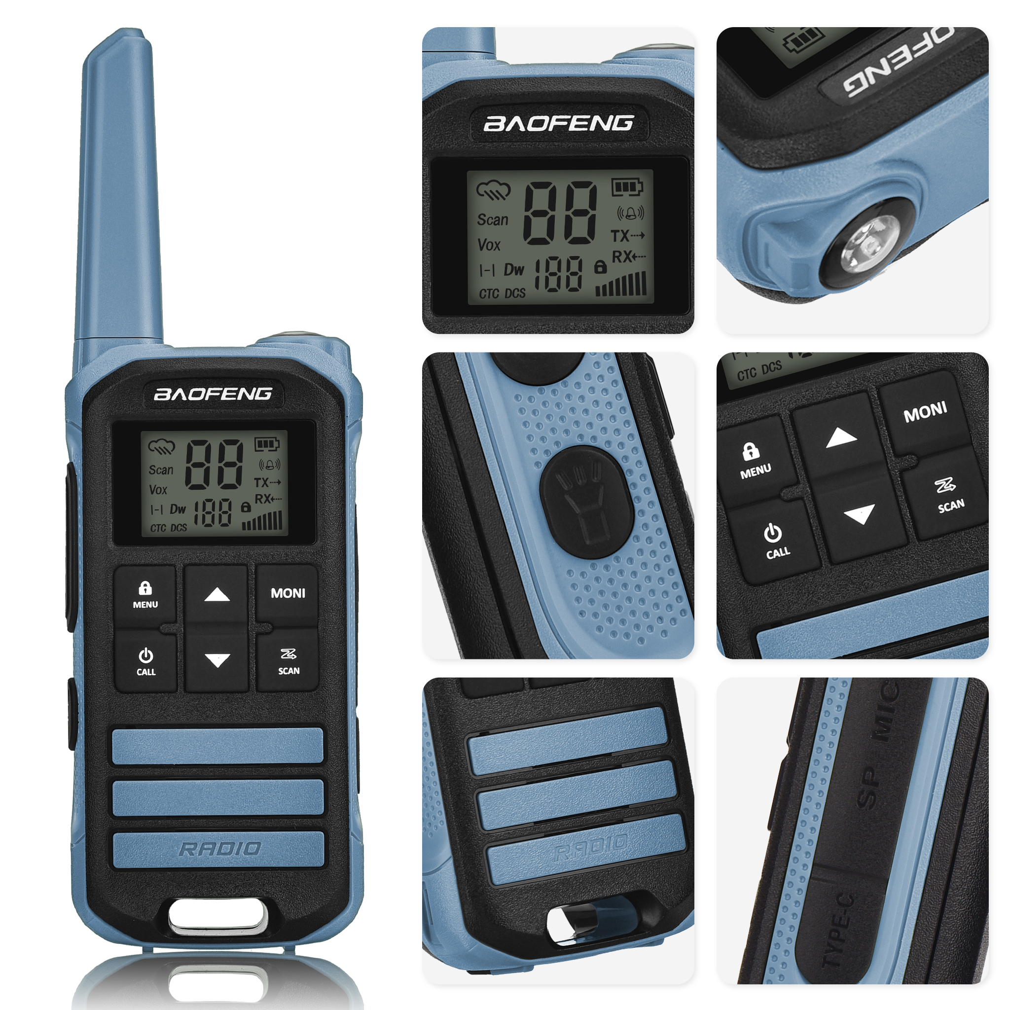 Un walkie-talkie Baofeng azul y negro con antena, pantalla, botones y la etiqueta 'RADIO'. Detalles visibles.