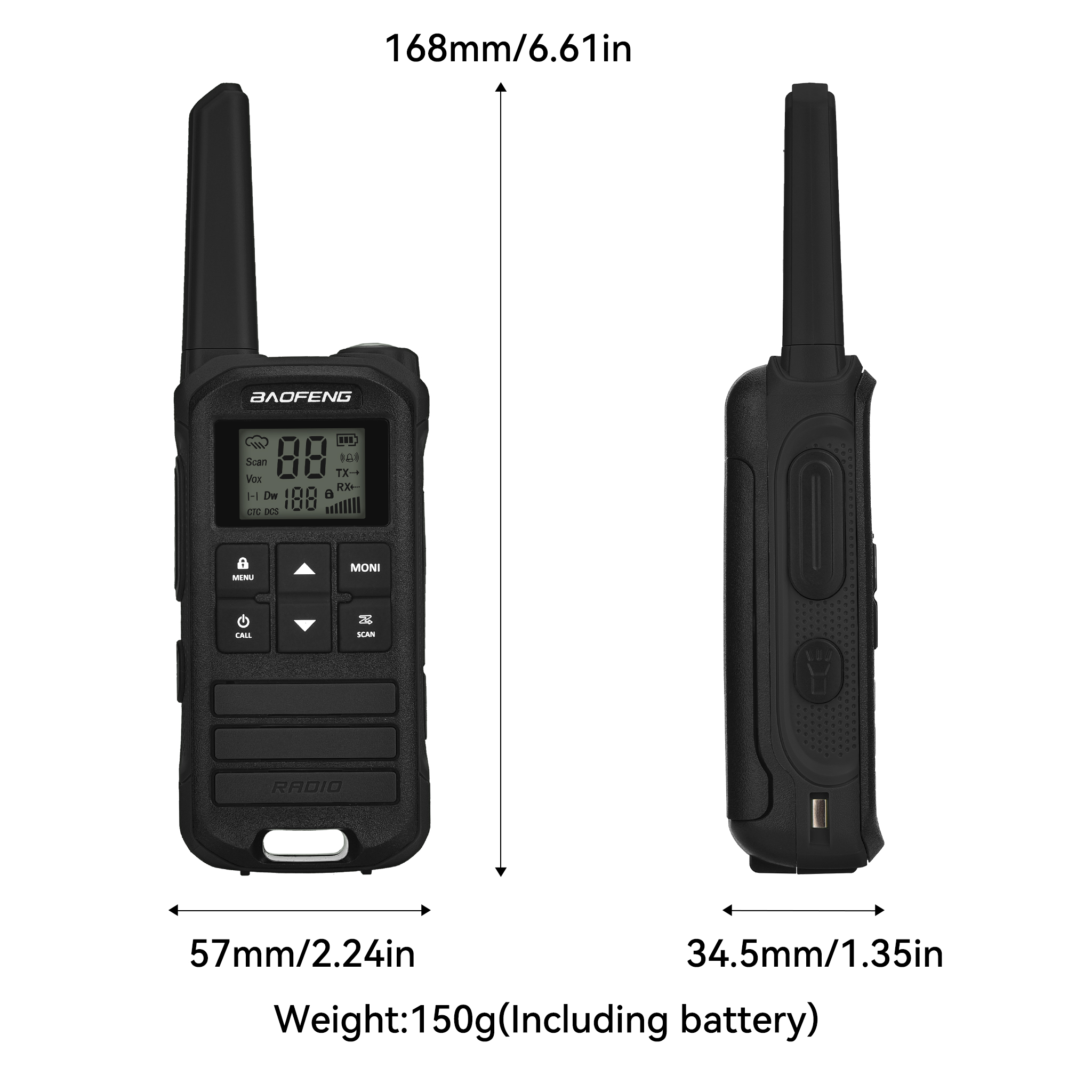 Una radio Baofeng negra, con detalles de dimensiones y peso, se muestra en dos vistas, frontal y lateral, sobre un fondo blanco.