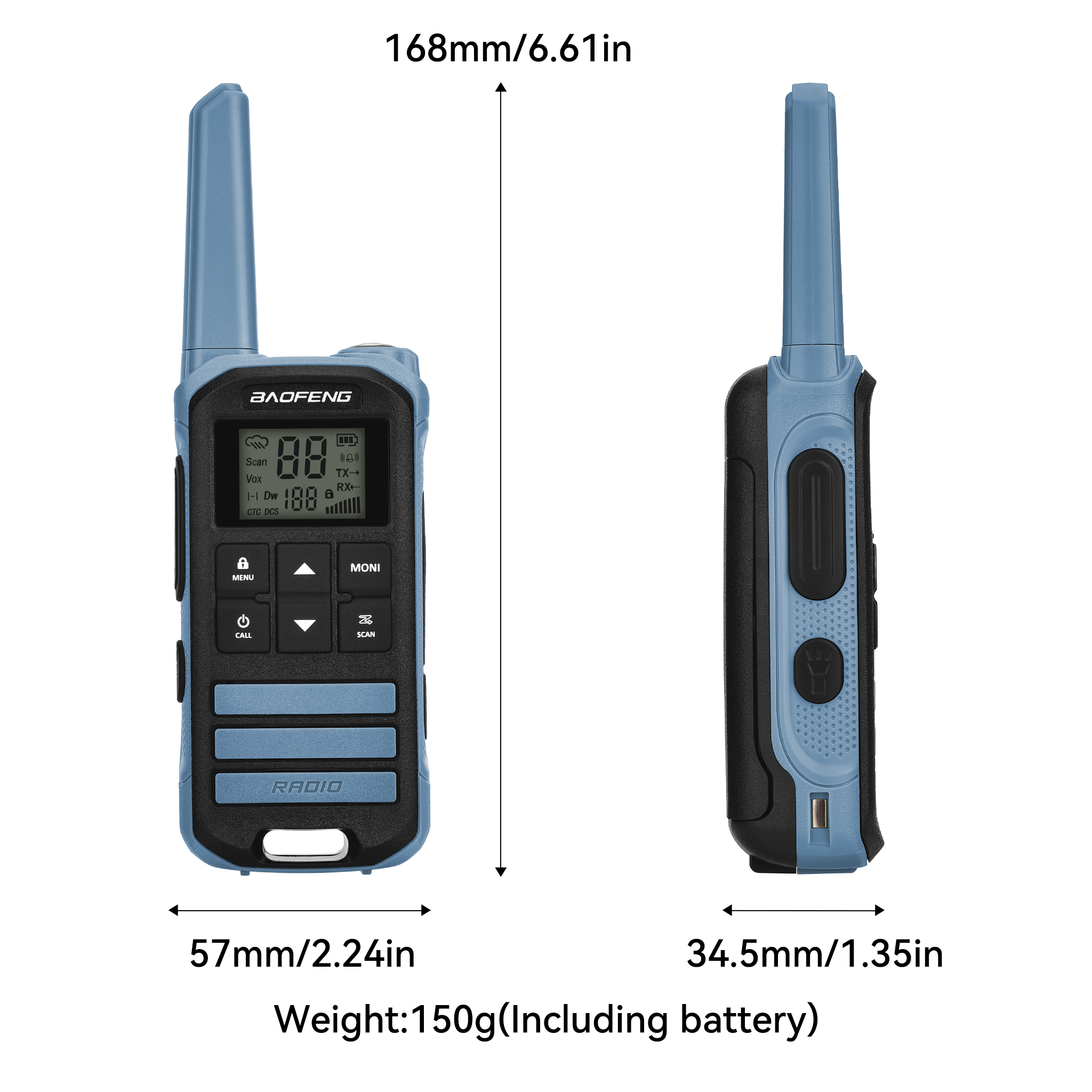 Radio Baofeng azul, vistas frontal y lateral, con dimensiones y peso. Botones y una pantalla son visibles.