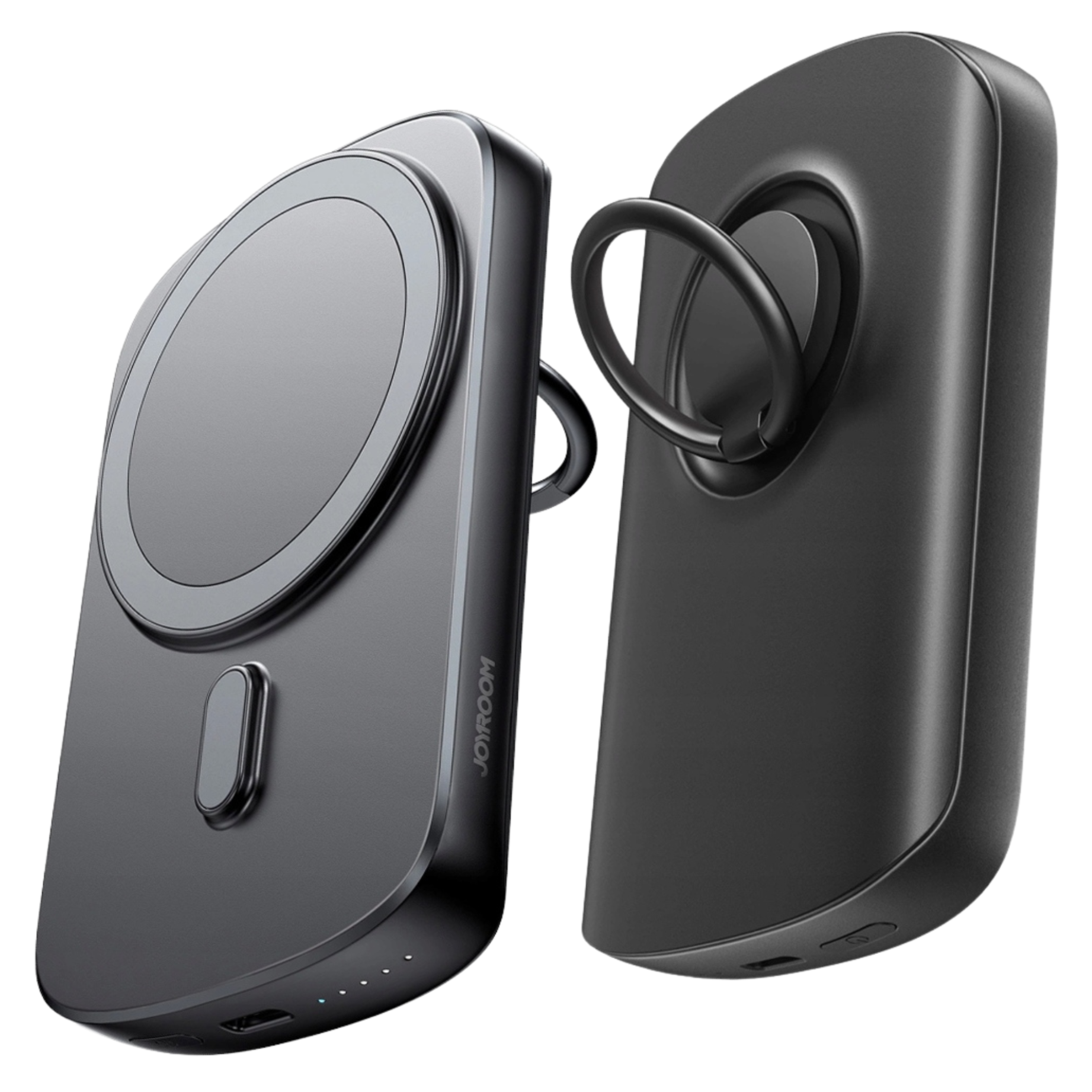 Dwa czarne power banki z uchwytami na pierścienie. Jeden ma okrągłą podkładkę ładującą. JOYROOM jest wydrukowane.