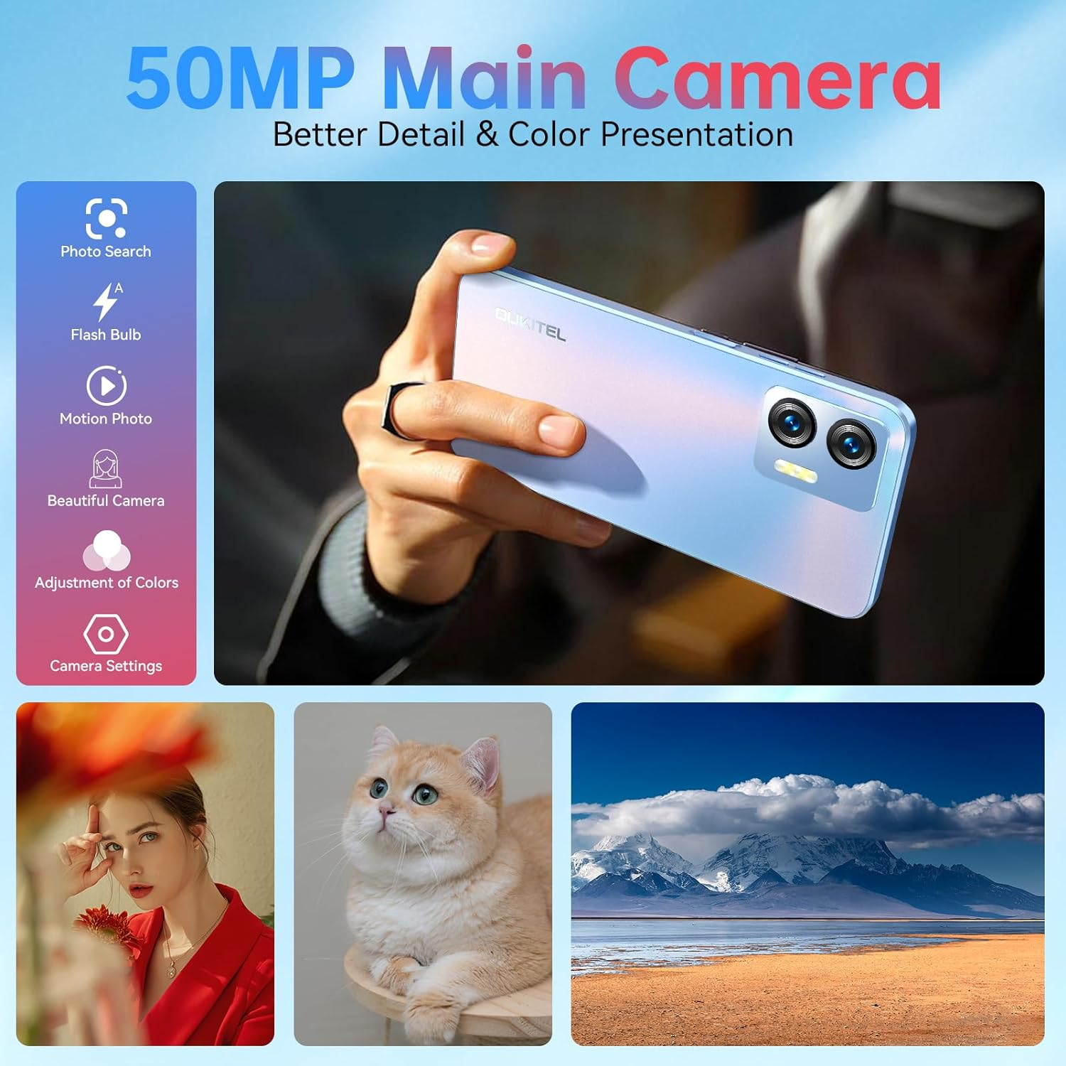 Un telefono tenuto in mano, con icone e immagini sottostanti. Lo schermo mostra i dettagli della fotocamera. Include gatto, donna e montagna.