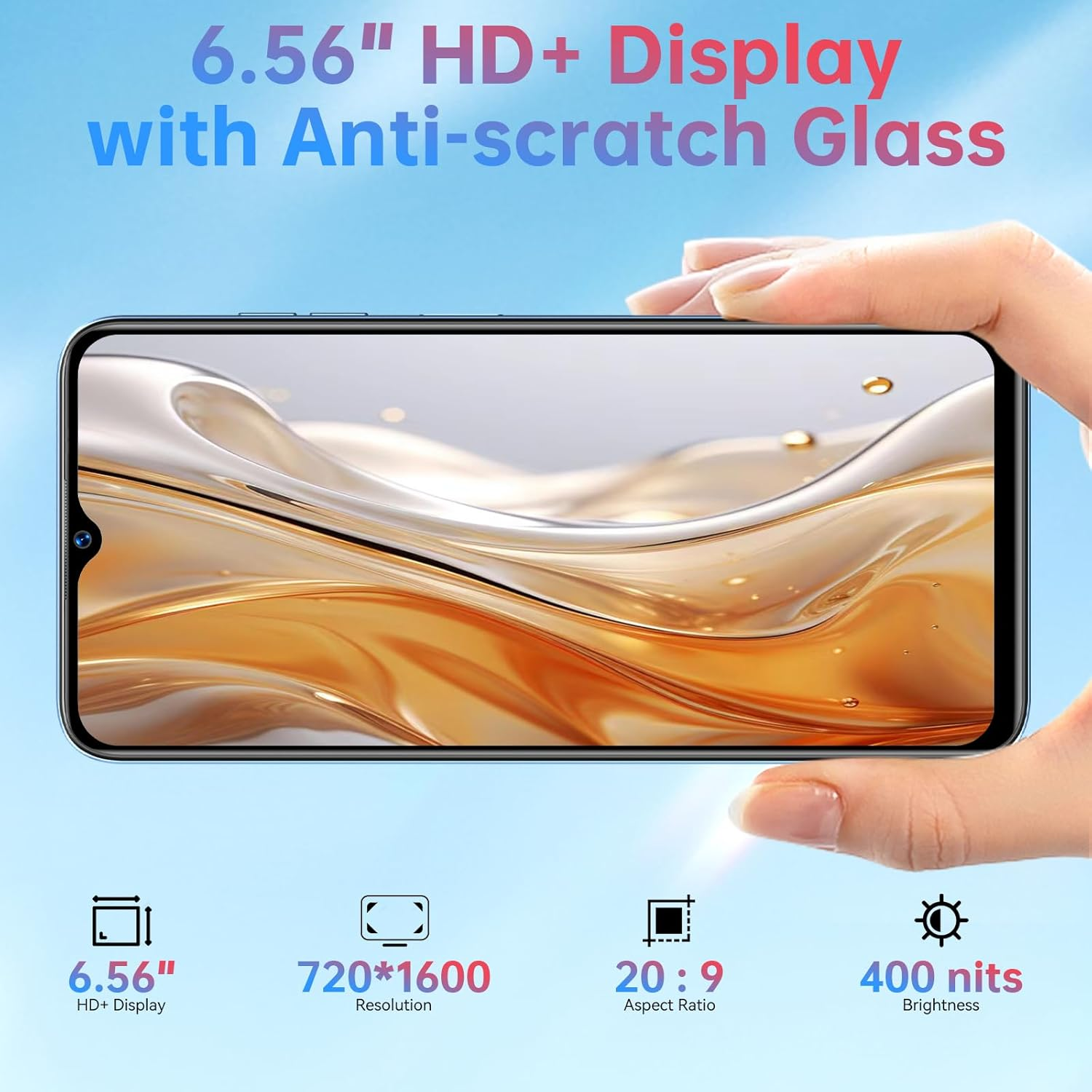 Una mano tiene in mano uno smartphone. Lo schermo mostra un design dorato astratto. Il testo sopra evidenzia le caratteristiche del display.