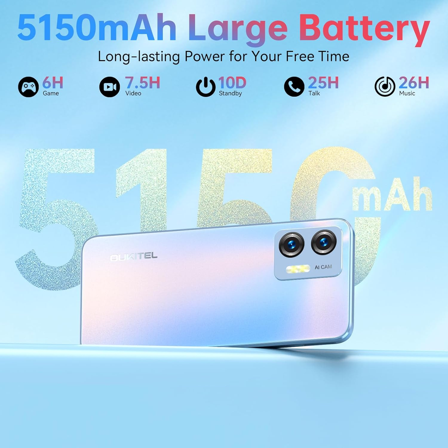 Un telefono con batteria grande, 5150mAh, e icone che mostrano 6H di gioco, 7.5H video, 10D standby, 25H chiamata e 26H musica.