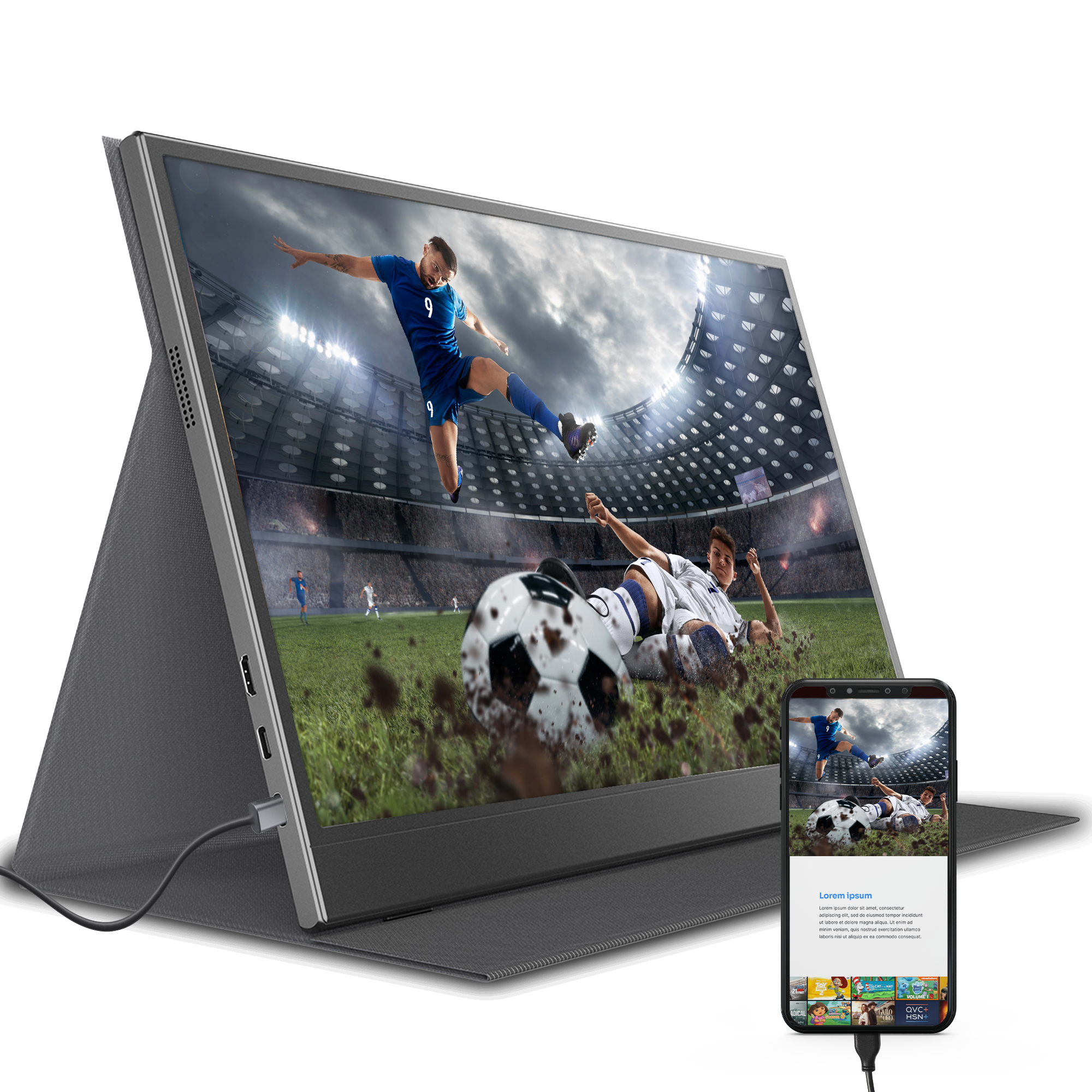 Tablet i smartfon wyświetlają mecz piłki nożnej. Zawodnik w niebieskim kopie, inny upada blisko piłki. 
