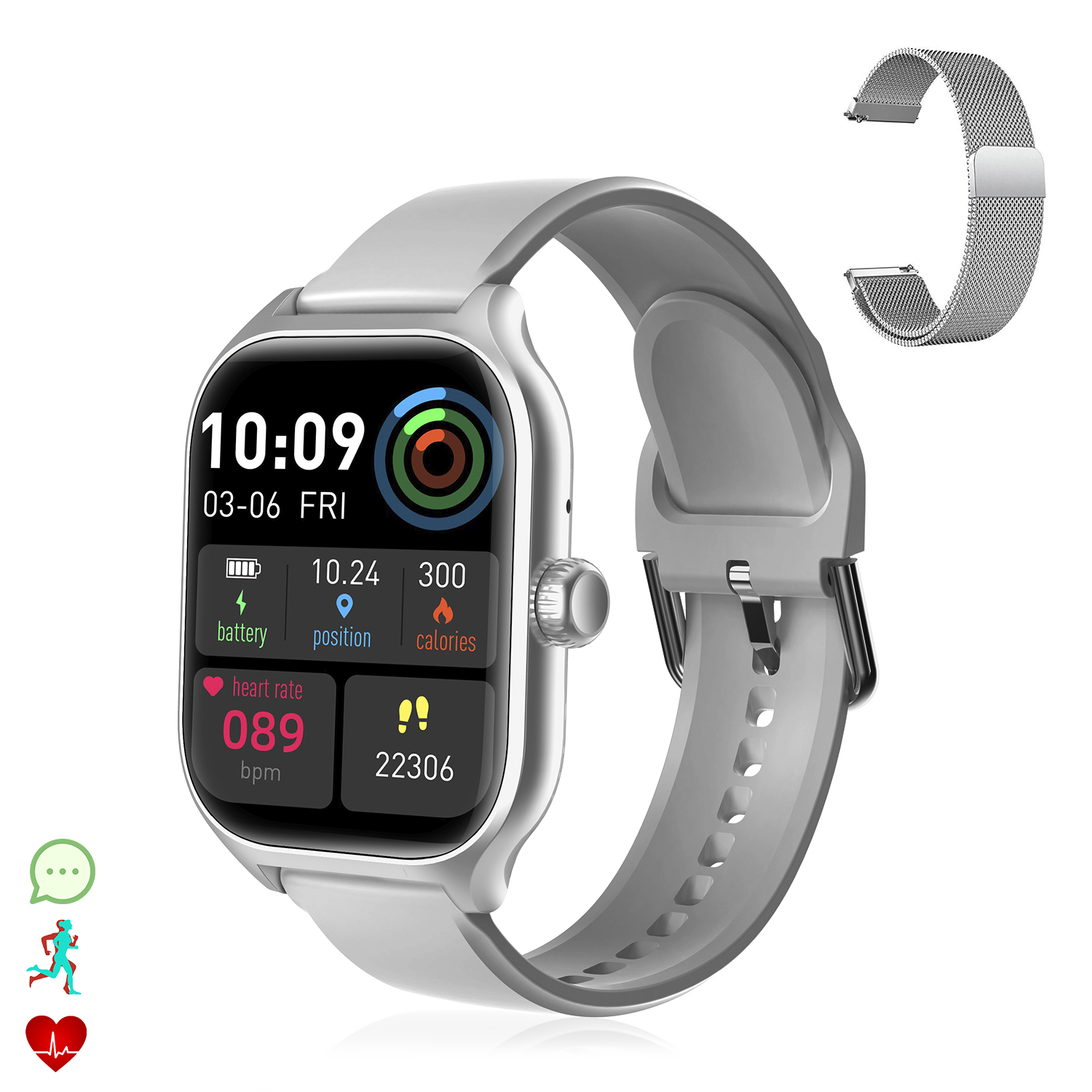 Uno smartwatch grigio con display digitale che mostra ora, batteria, frequenza cardiaca e passi. È presente anche un cinturino in mesh argentato.