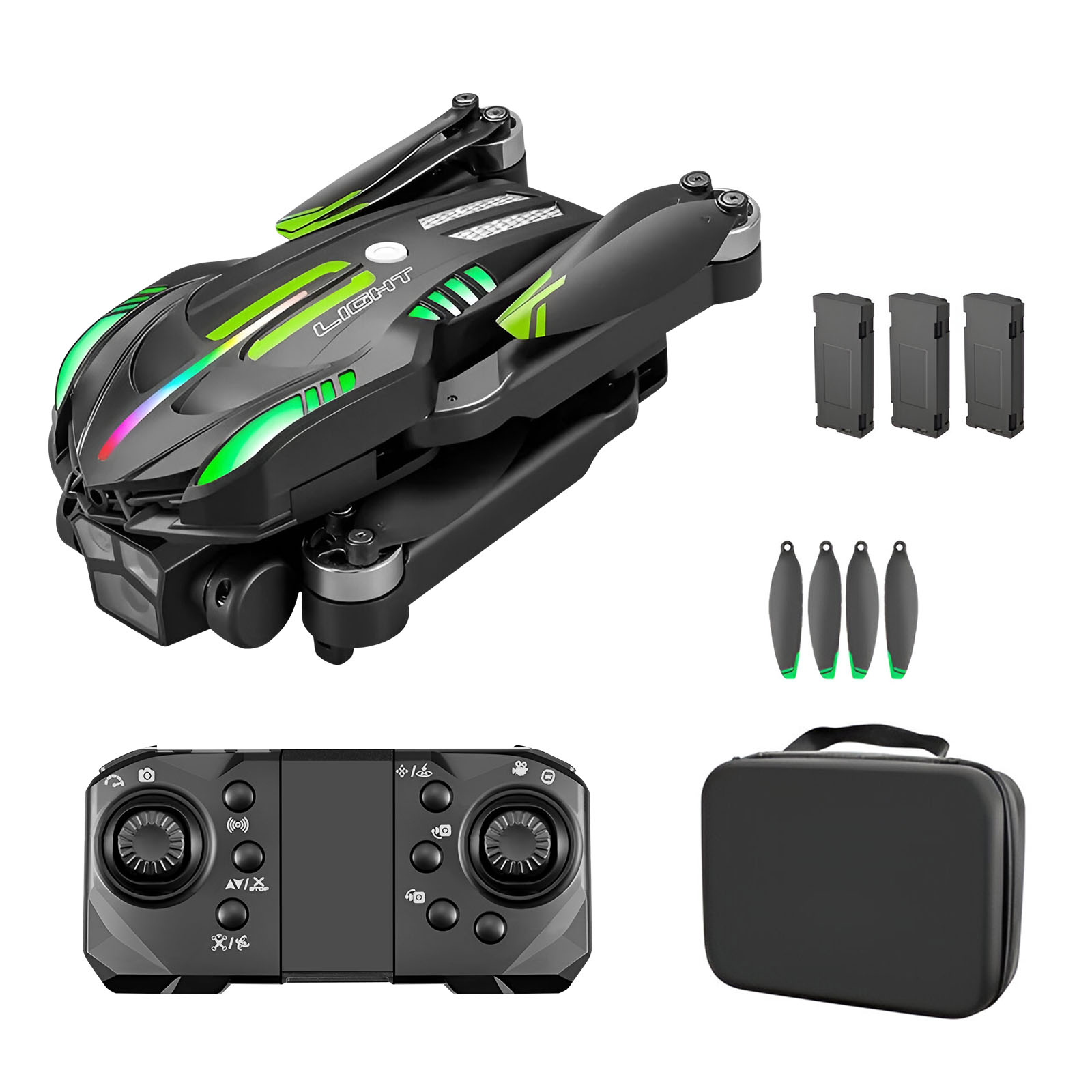 Dron negro con luces verdes y arcoíris, mando, baterías, hélices y una funda sobre fondo blanco.