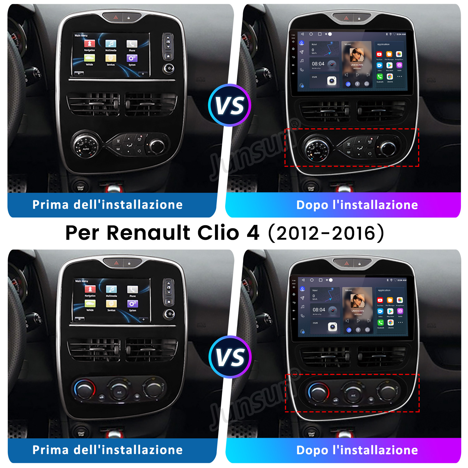 L'immagine mostra il cruscotto dell'auto prima e dopo l'installazione di un nuovo schermo. Il nuovo schermo ha un display touch.