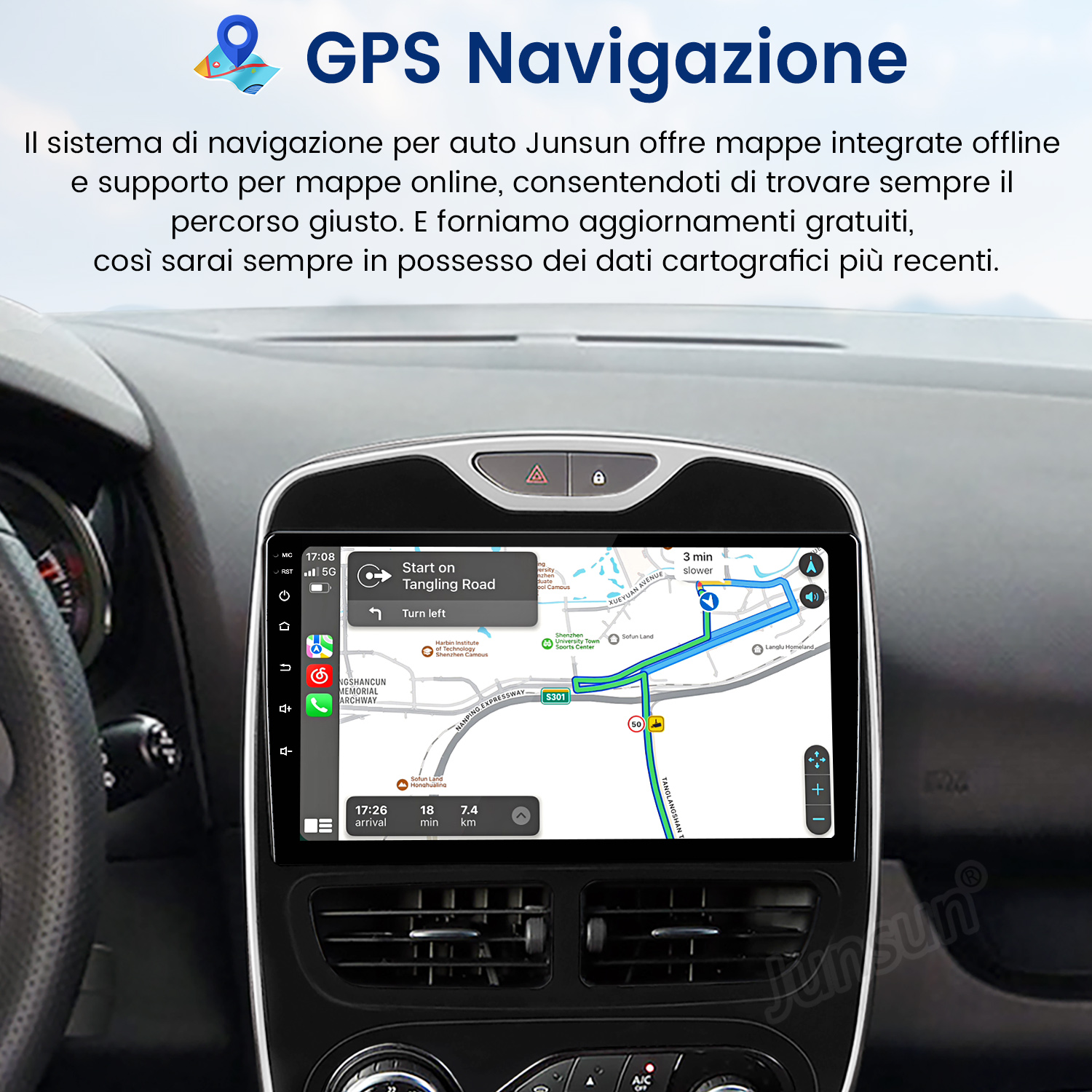 Cruscotto auto con schermo di navigazione GPS, mappa e guida del percorso, testo sulla navigazione GPS in alto.