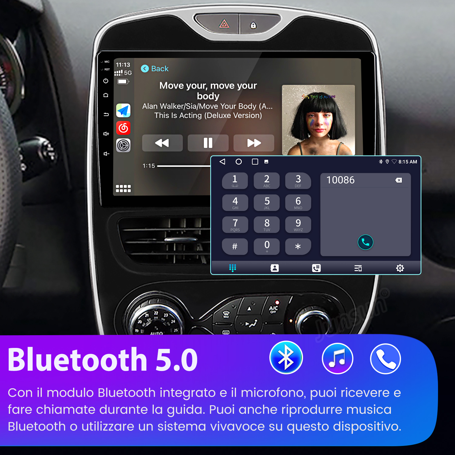 Schermo dell'autoradio che riproduce musica, con un dialer telefonico sovrapposto. Logo Bluetooth 5.0 in basso.