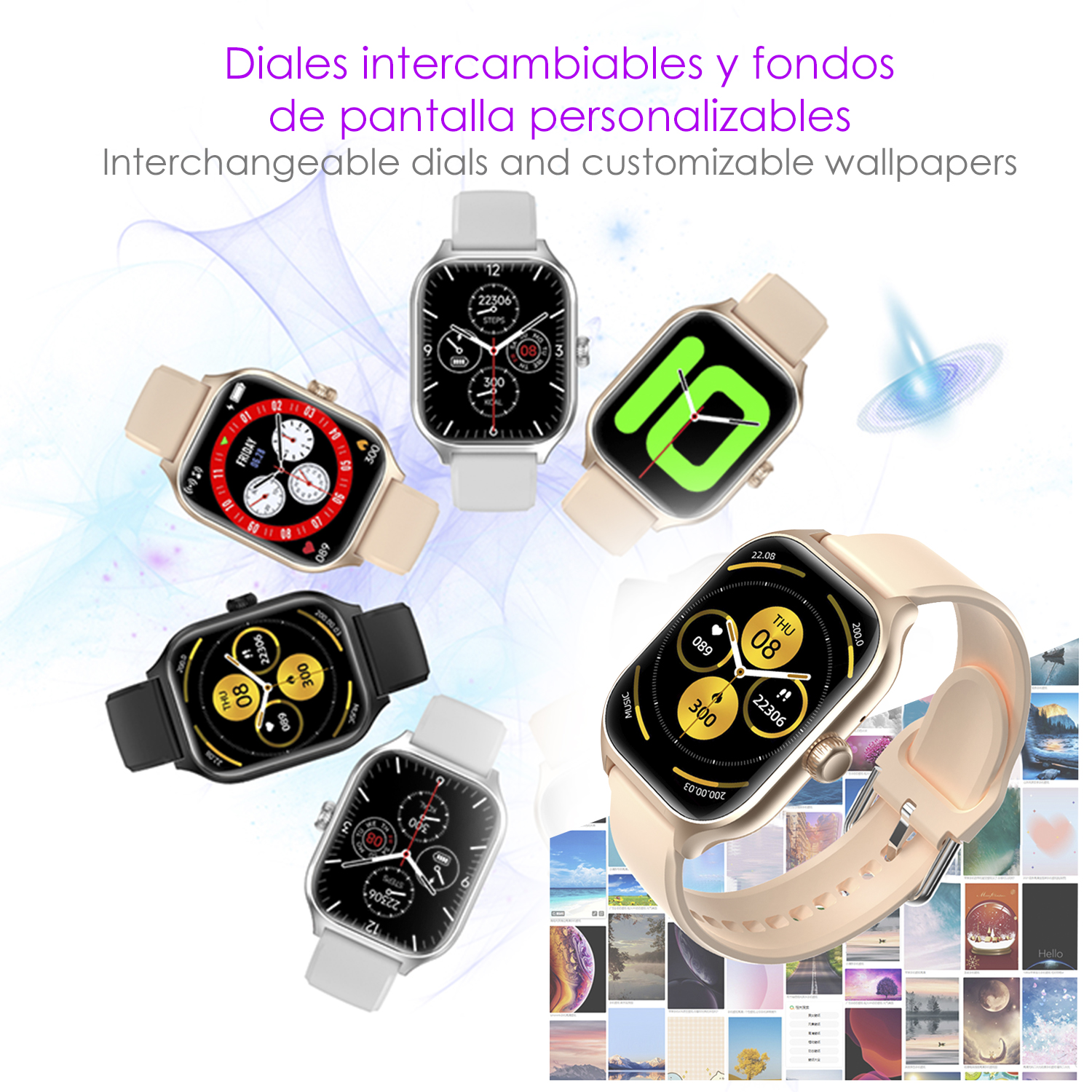 Sono mostrati smartwatch con diversi quadranti e sfondi personalizzabili, con una varietà di sfondi.