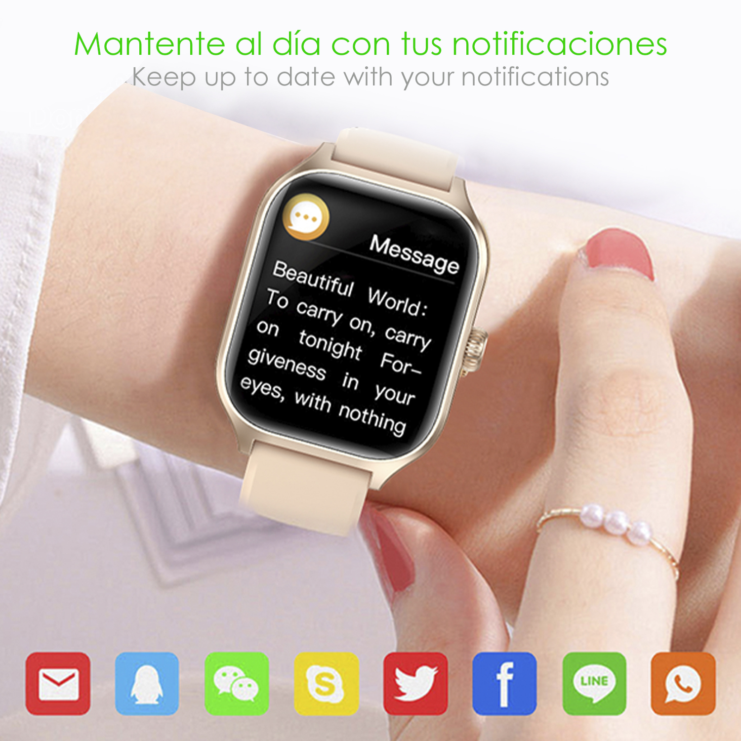 Uno smartwatch mostra un messaggio. Una mano con un anello tocca l'orologio. Icone di app di social media in basso.