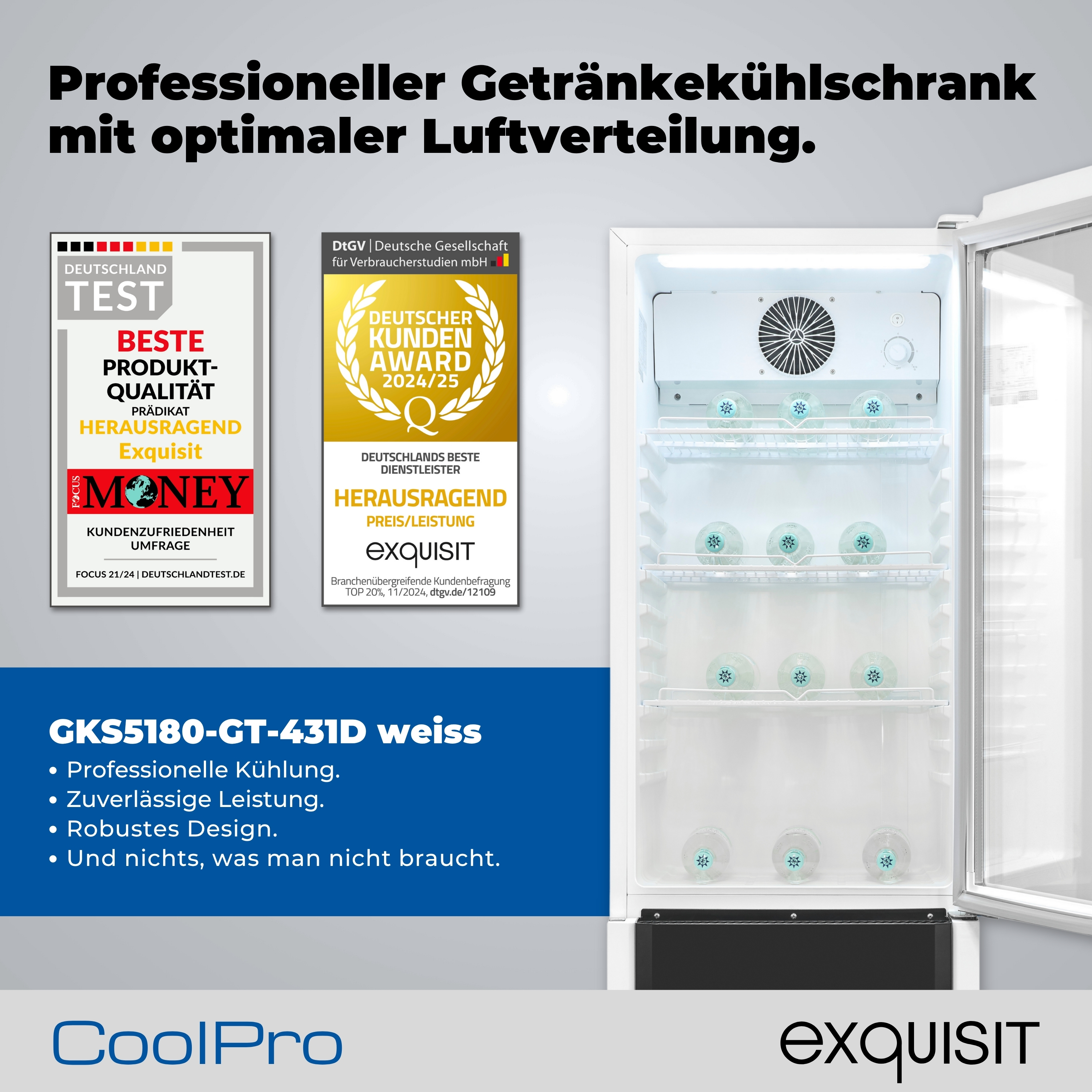 Ein weißer Kühlschrank mit offener Tür. Er enthält Wasserflaschen und Logos. Text lautet 'Exquisit'.