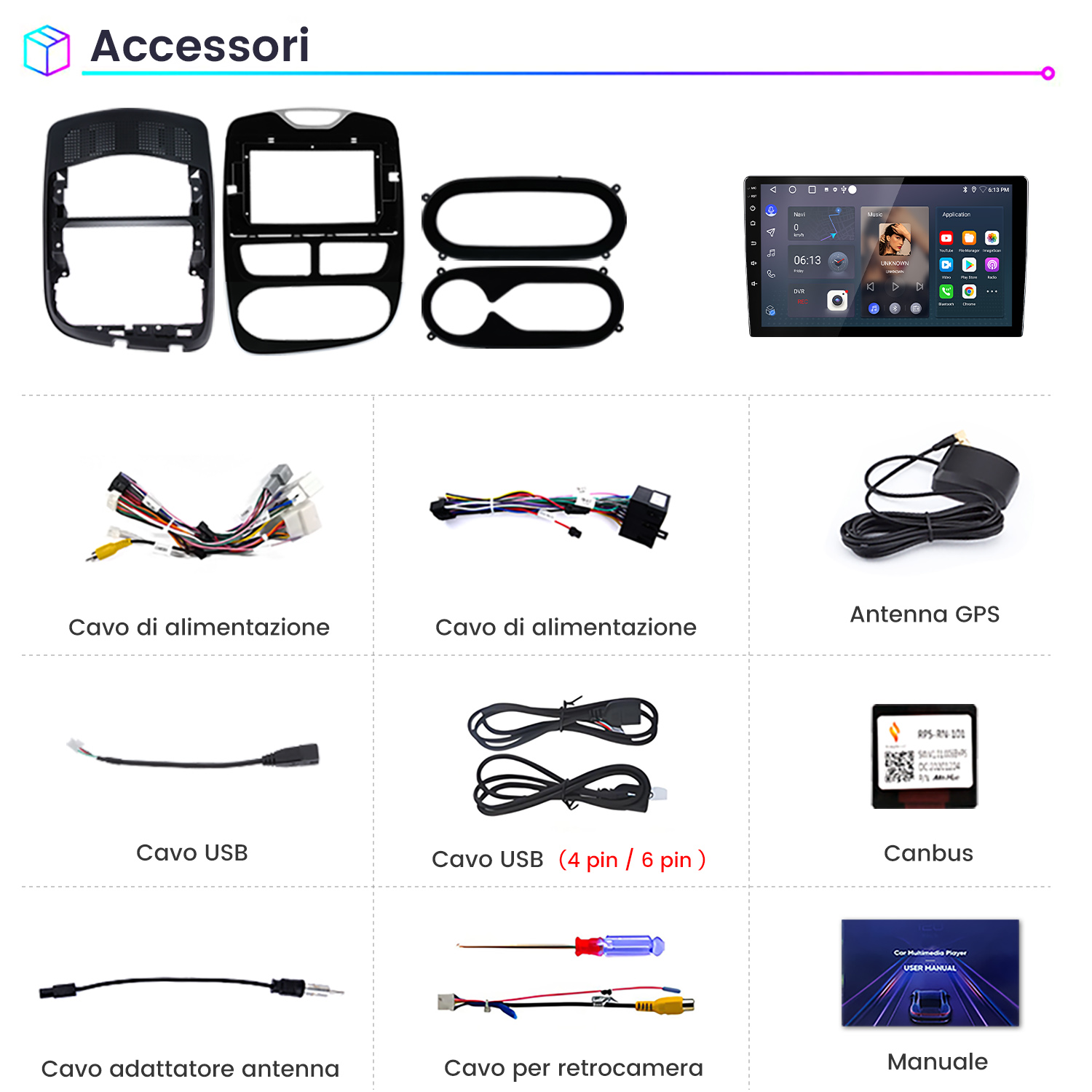 Accessori per auto tra cui schermo, cavi, antenna GPS e manuale utente. Varie parti per sistemi multimediali per auto.