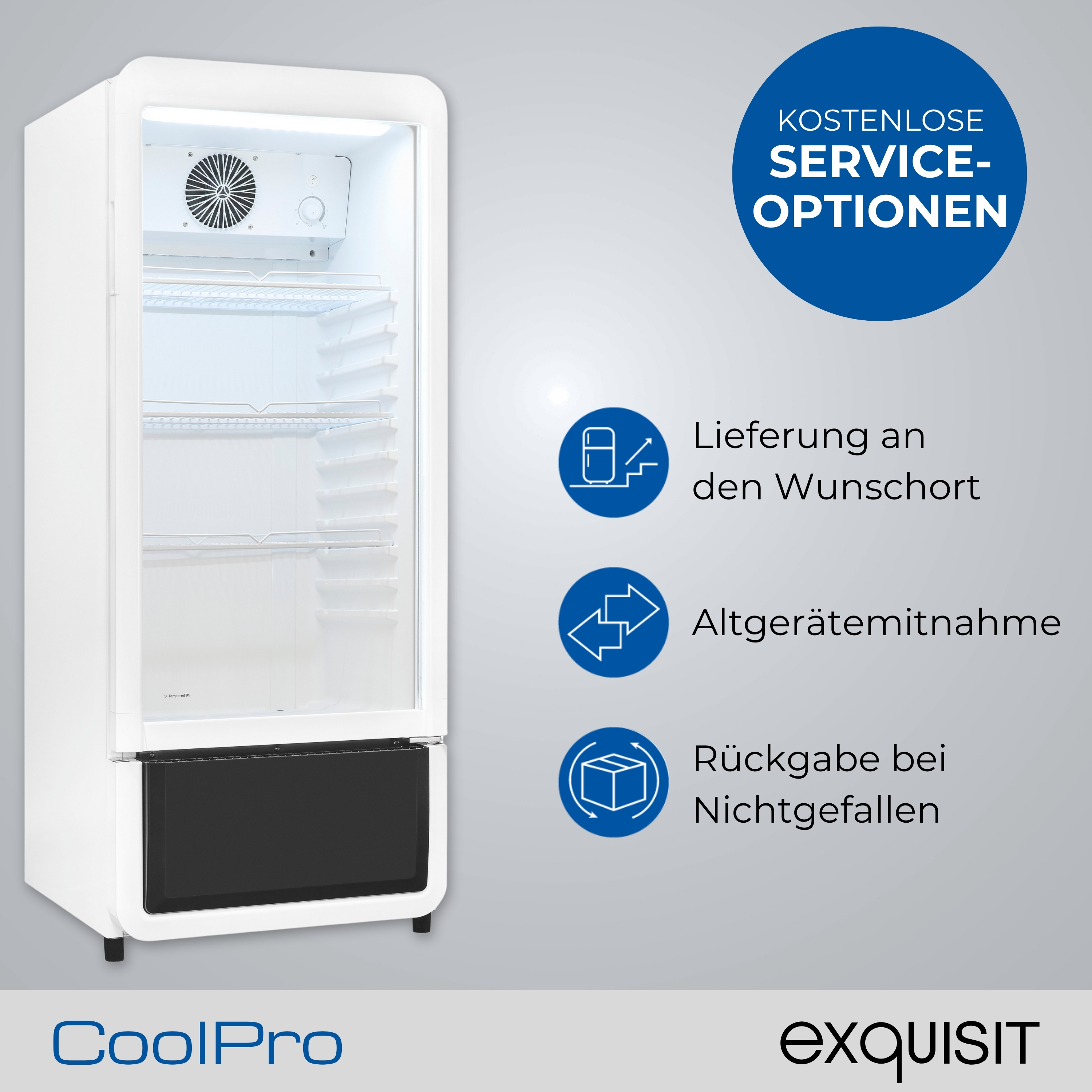 Weißer Kühlschrank mit Glastür. Blaue Kreise mit Text über kostenlose Serviceoptionen. CoolPro- und Exquisit-Logos.