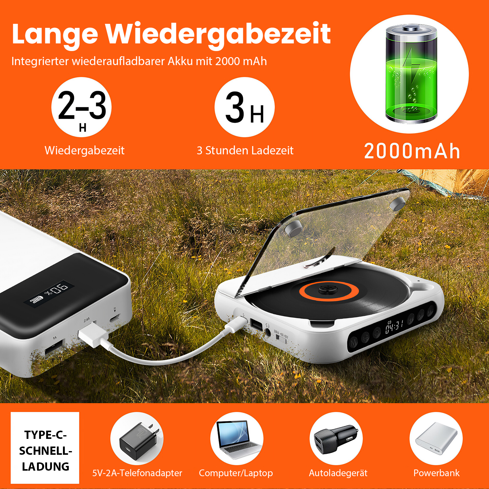 Tragbarer weißer CD-Player mit durchsichtigem Deckel. Eine schwarze Powerbank ist angeschlossen. Der Hintergrund ist eine Wiese.