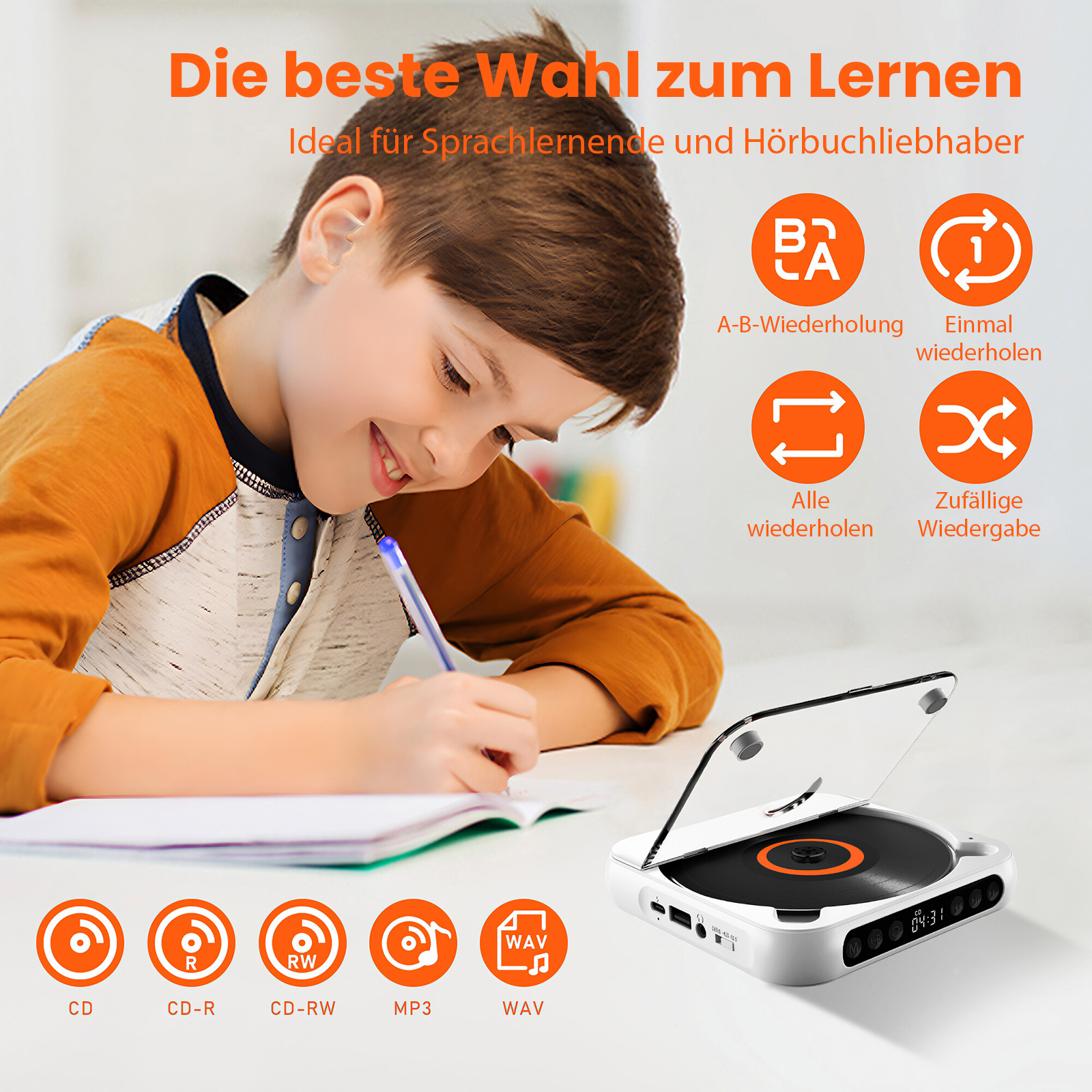 Ein Junge schreibt, während er einen CD-Player hört. Orange und Weiß dominieren. Es werden mehrere Symbole angezeigt.