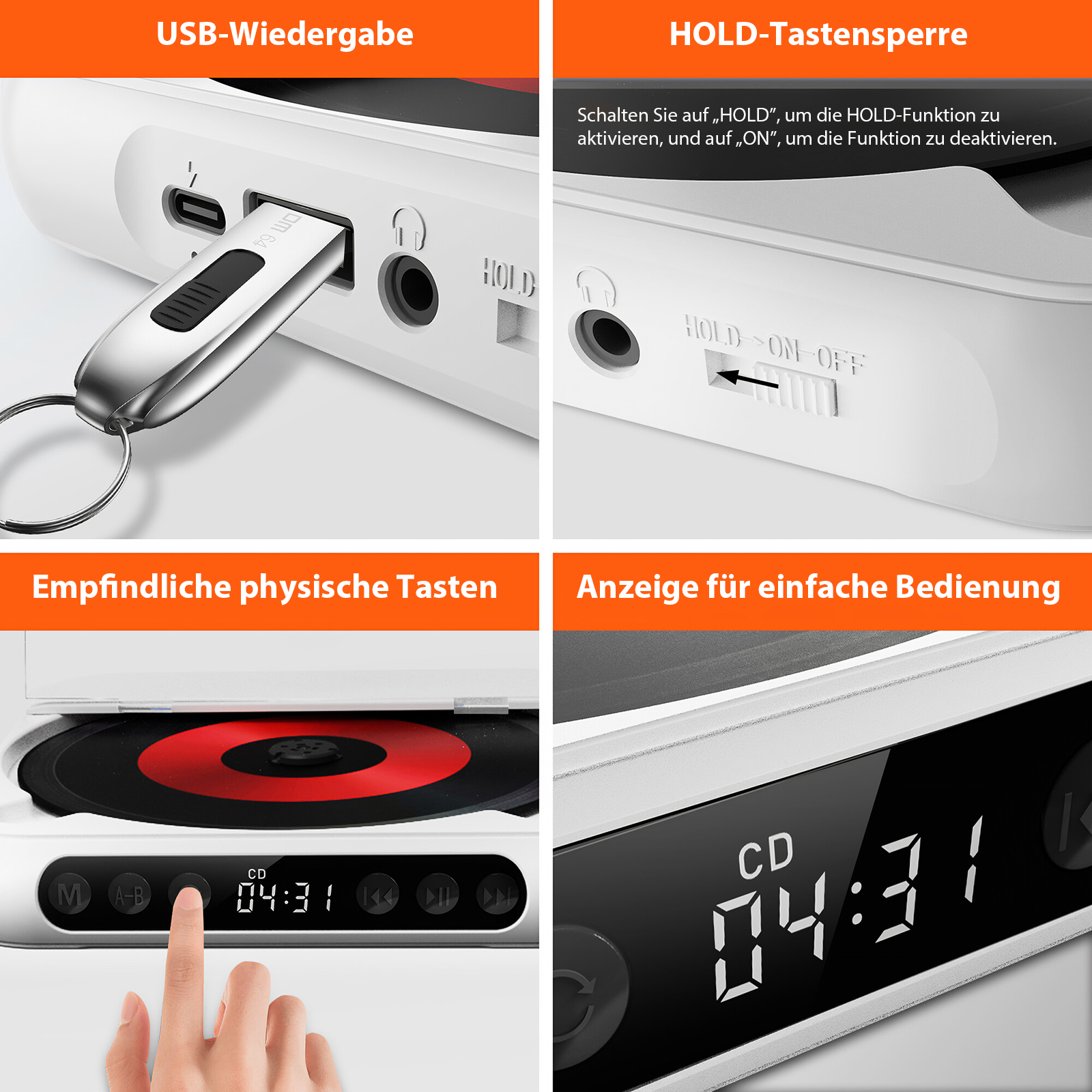 Nahaufnahme eines CD-Players mit USB, Hold-Schalter und physischen Tasten. Eine Hand drückt eine Taste.