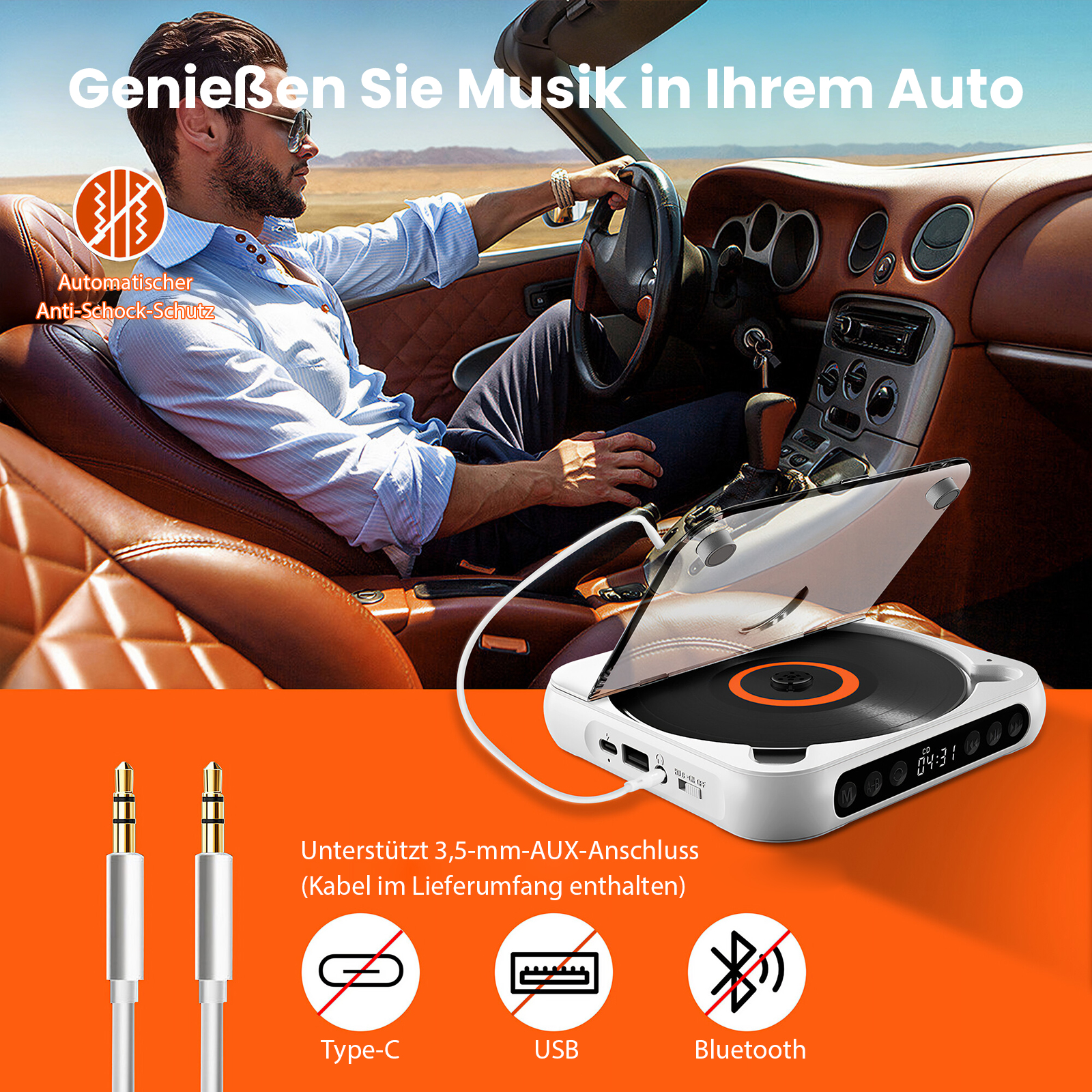 Ein Mann fährt Auto und hört Musik von einem weißen CD-Player. Der Player hat eine CD und ein digitales Display.