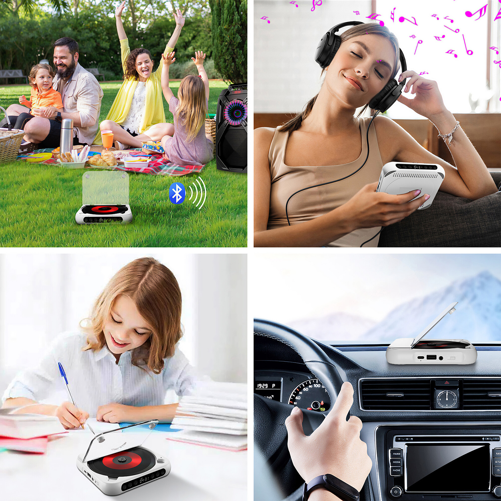 Familienpicknick mit Musikspieler, eine Frau hört Musik, ein Mädchen schreibt und ein Musikspieler im Auto.