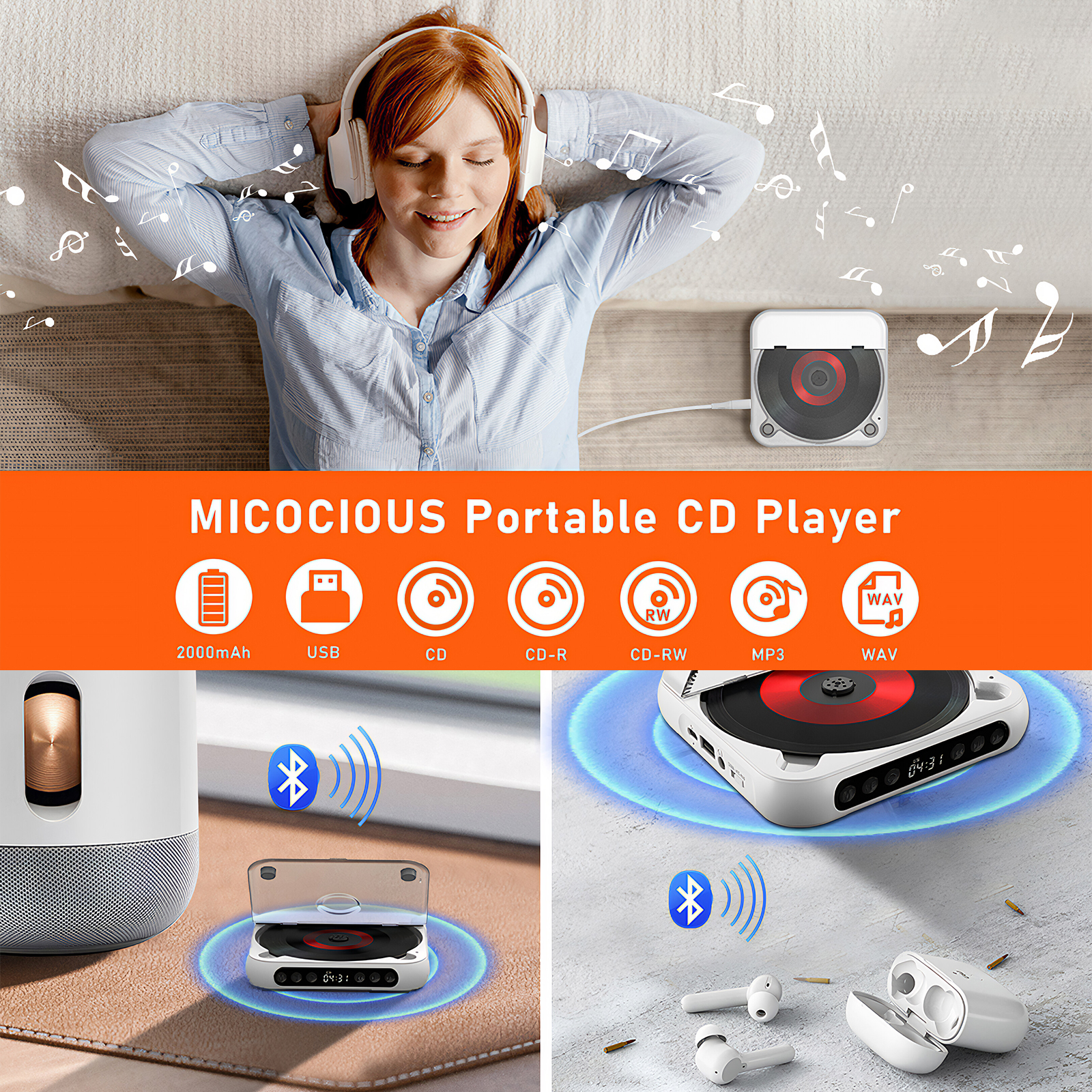 Eine Frau mit Kopfhörern liegt auf einem Bett. Ein tragbarer CD-Player liegt neben ihr. Noten schweben in der Luft.