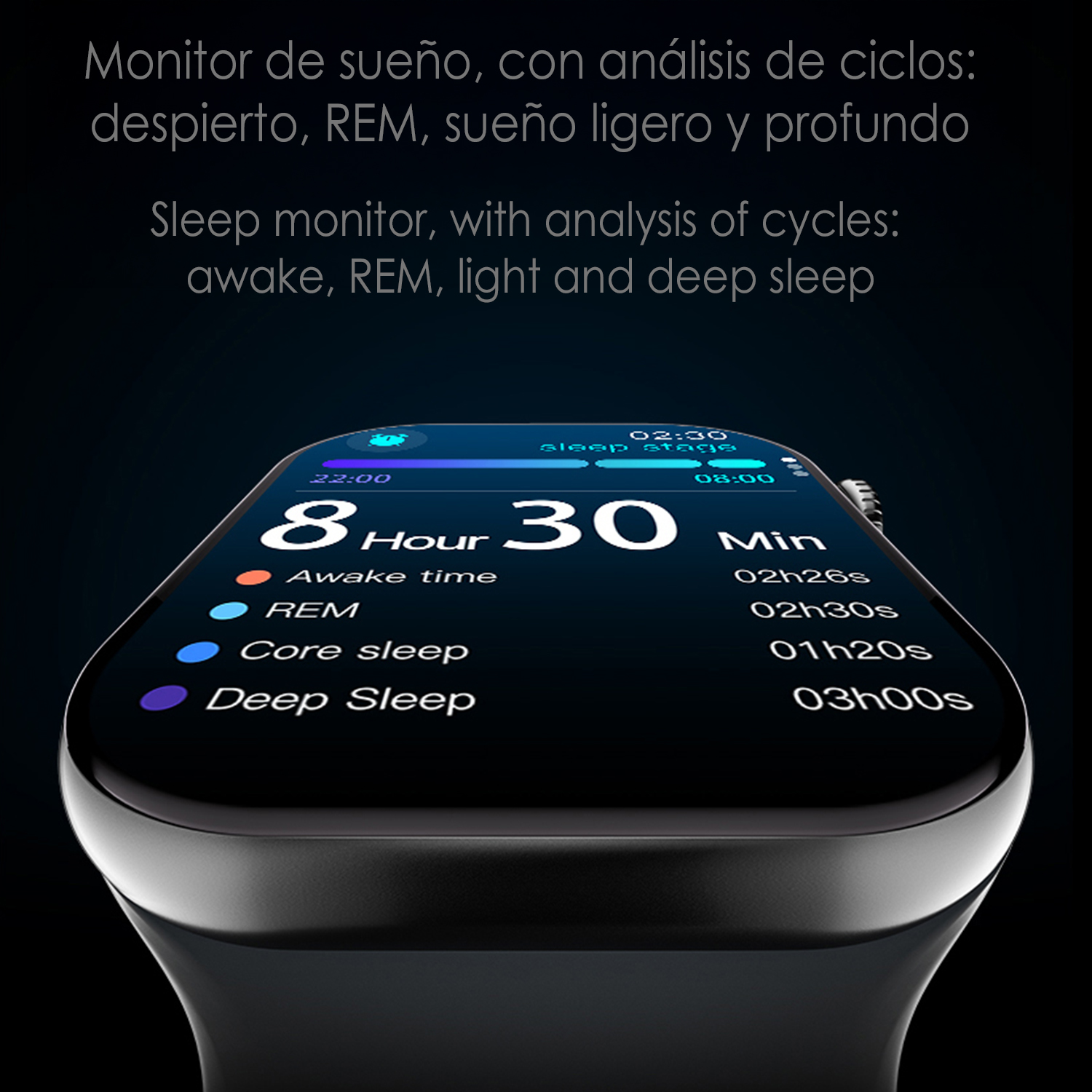 Lo schermo di uno smartwatch mostra i dati del ciclo del sonno. Mostra i tempi di veglia, REM, sonno leggero e profondo in ore e minuti.