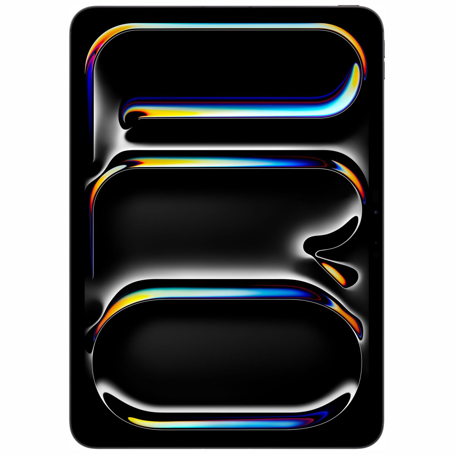 Czarny tablet z białym obrysem i kolorowymi zakrzywionymi kształtami. Kształty mają niebieskie, żółte i pomarańczowe gradienty.