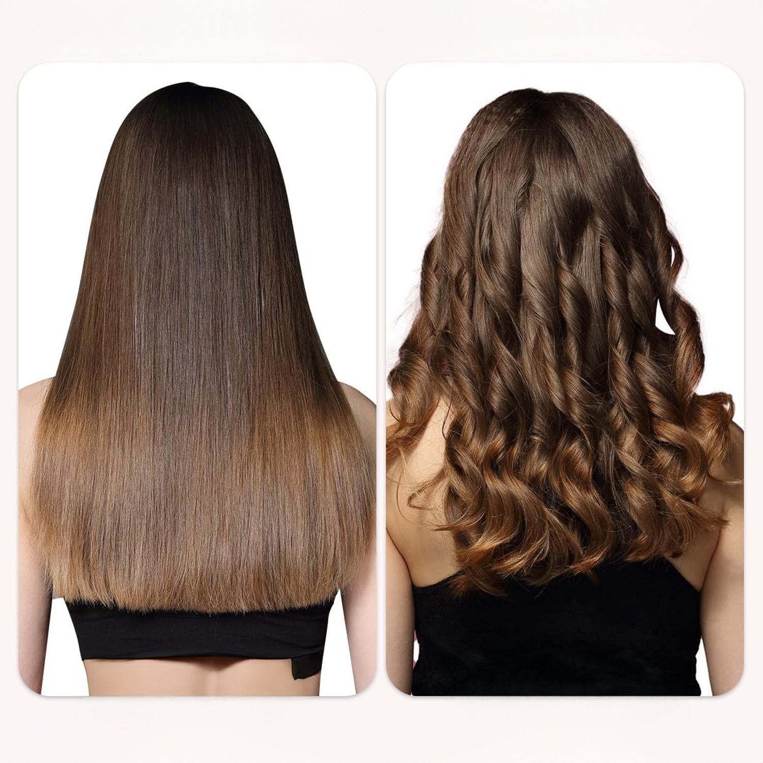 Dos cabellos de mujer. Uno liso y marrón, el otro rizado y marrón. Ambos se ven desde atrás, mostrando el cabello.