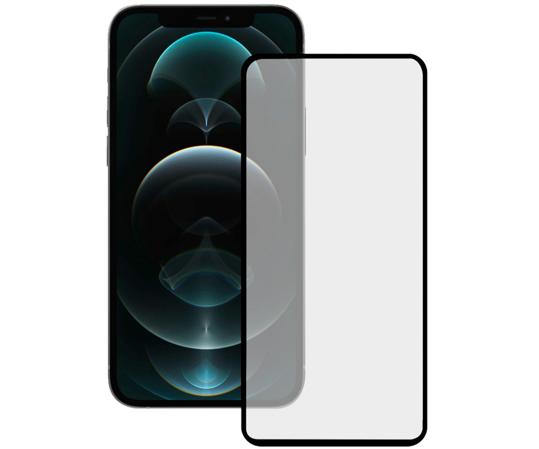 Uno smartphone con protezione schermo. Il telefono è nero con uno schermo che mostra una sfumatura verde acqua. La protezione è trasparente.