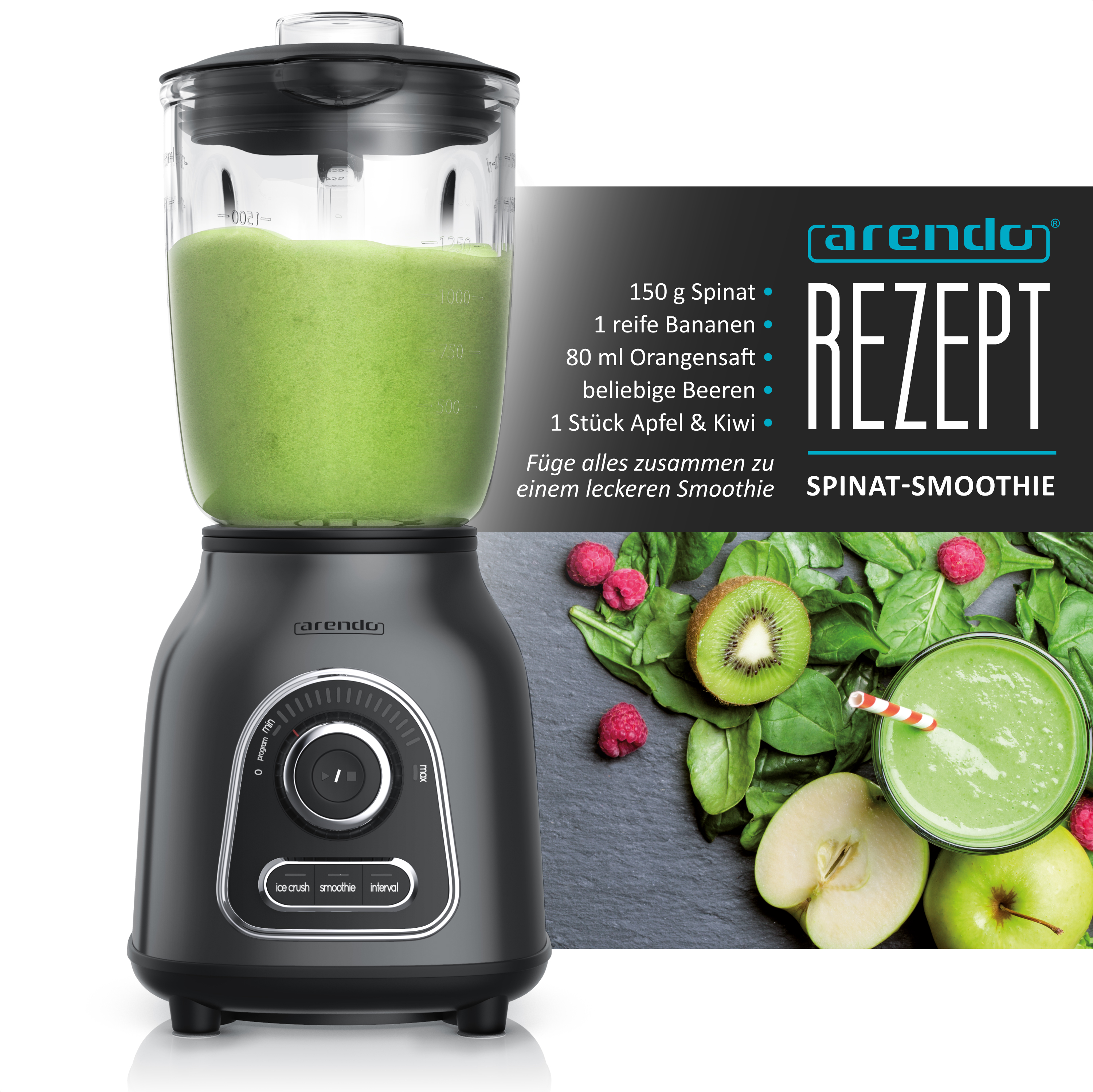 Ein Mixer mit grünem Smoothie, Zutaten und Rezept. Spinat, Banane, Orangensaft, Beeren, Apfel und Kiwi.