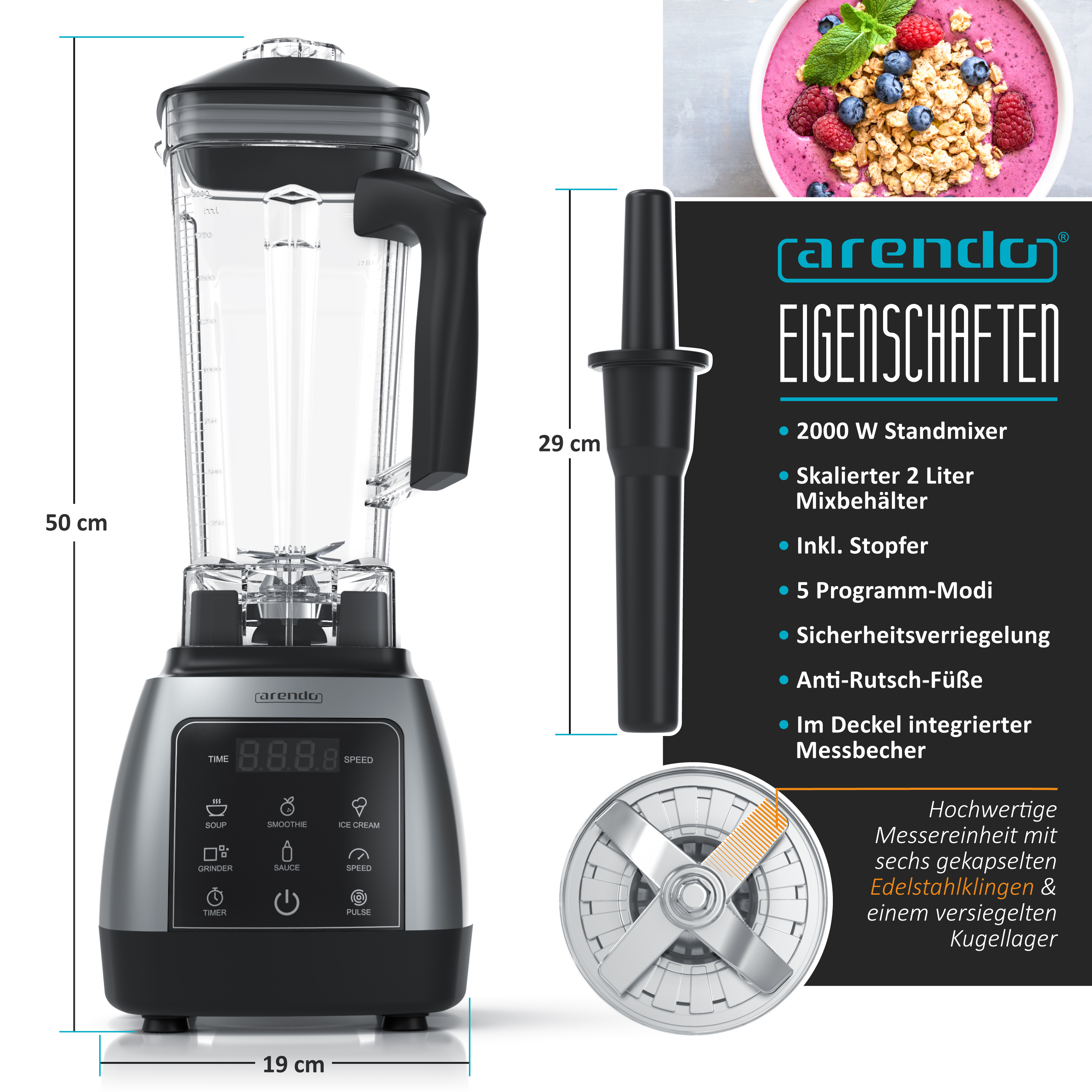 Ein Mixer mit schwarzem Griff, eine Smoothie-Schüssel mit Müsli, Beeren und eine Liste von Funktionen.