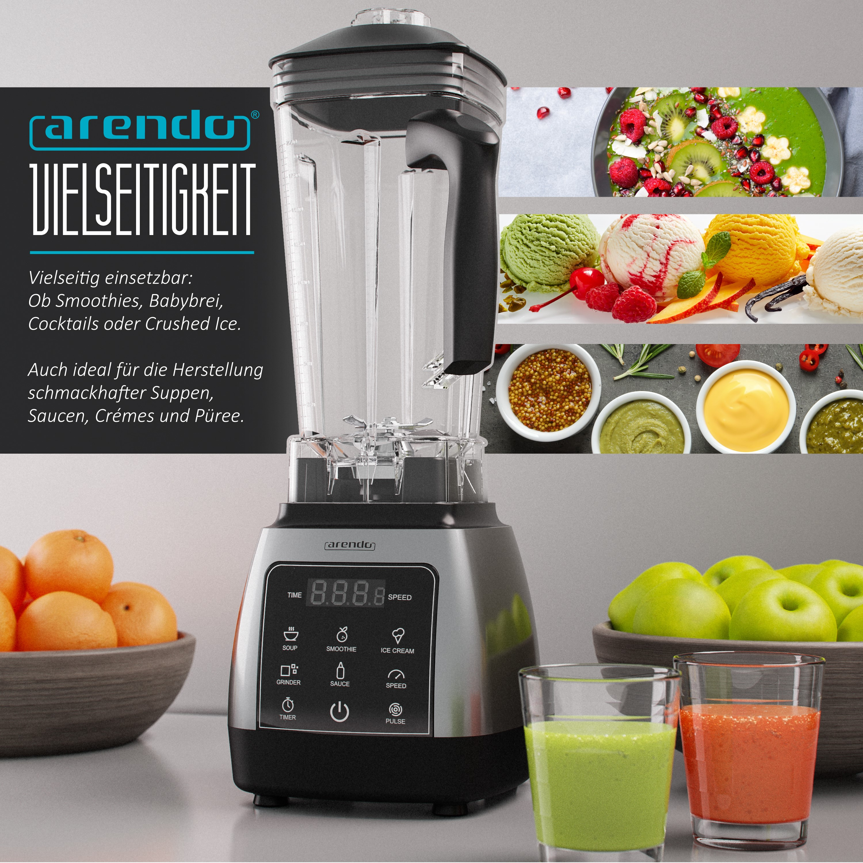 Ein Mixer mit Früchten und Smoothies. Er hat ein Digitaldisplay, und verschiedene Lebensmittel sind im Hintergrund dargestellt.