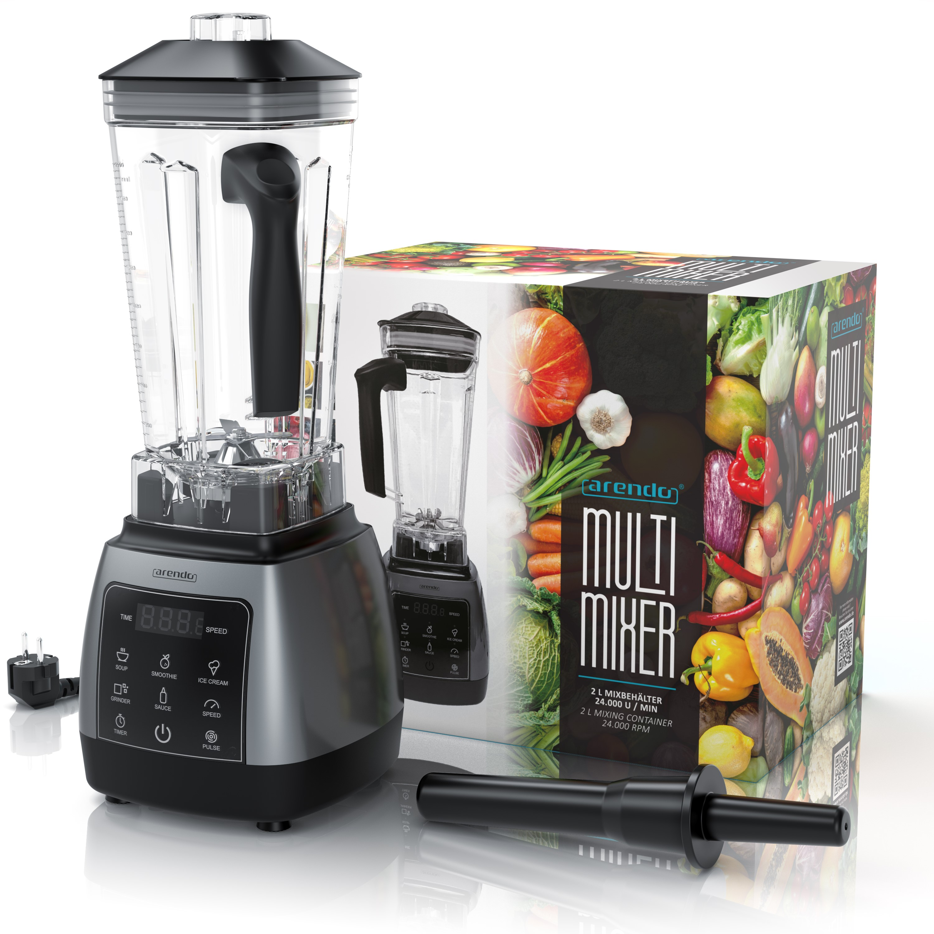 Ein Mixer mit schwarzer Basis und transparentem Behälter. Daneben eine Box mit Gemüse.