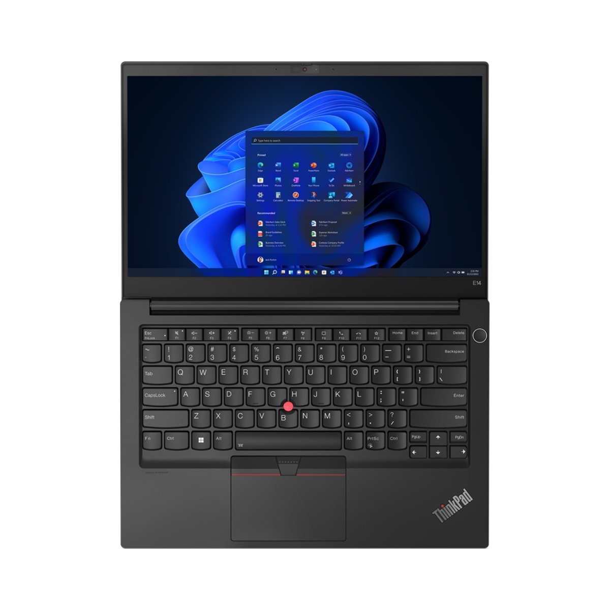 Schwarzer Lenovo ThinkPad Laptop, geöffnet, mit Windows 11 Oberfläche. Tastatur sichtbar, ThinkPad Logo unten rechts.