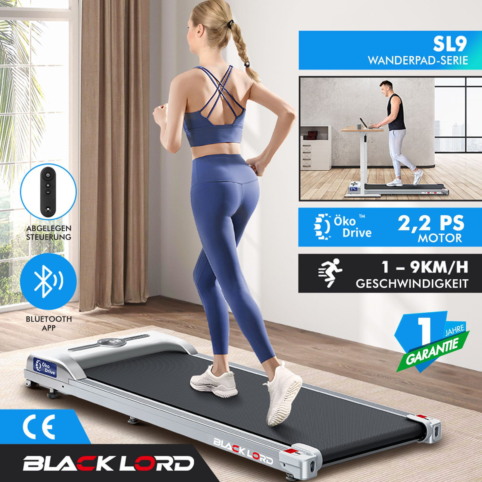 Frau in Blau läuft auf einem Laufband. Logos und Text zum Produkt sind sichtbar.