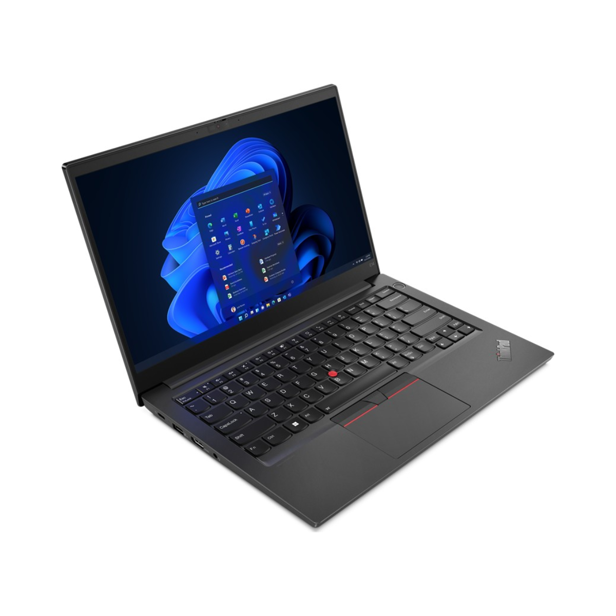 Ein dunkelgrauer Laptop auf weißem Hintergrund. Der Bildschirm zeigt die Windows-Oberfläche. Tastatur und Touchpad sind sichtbar.