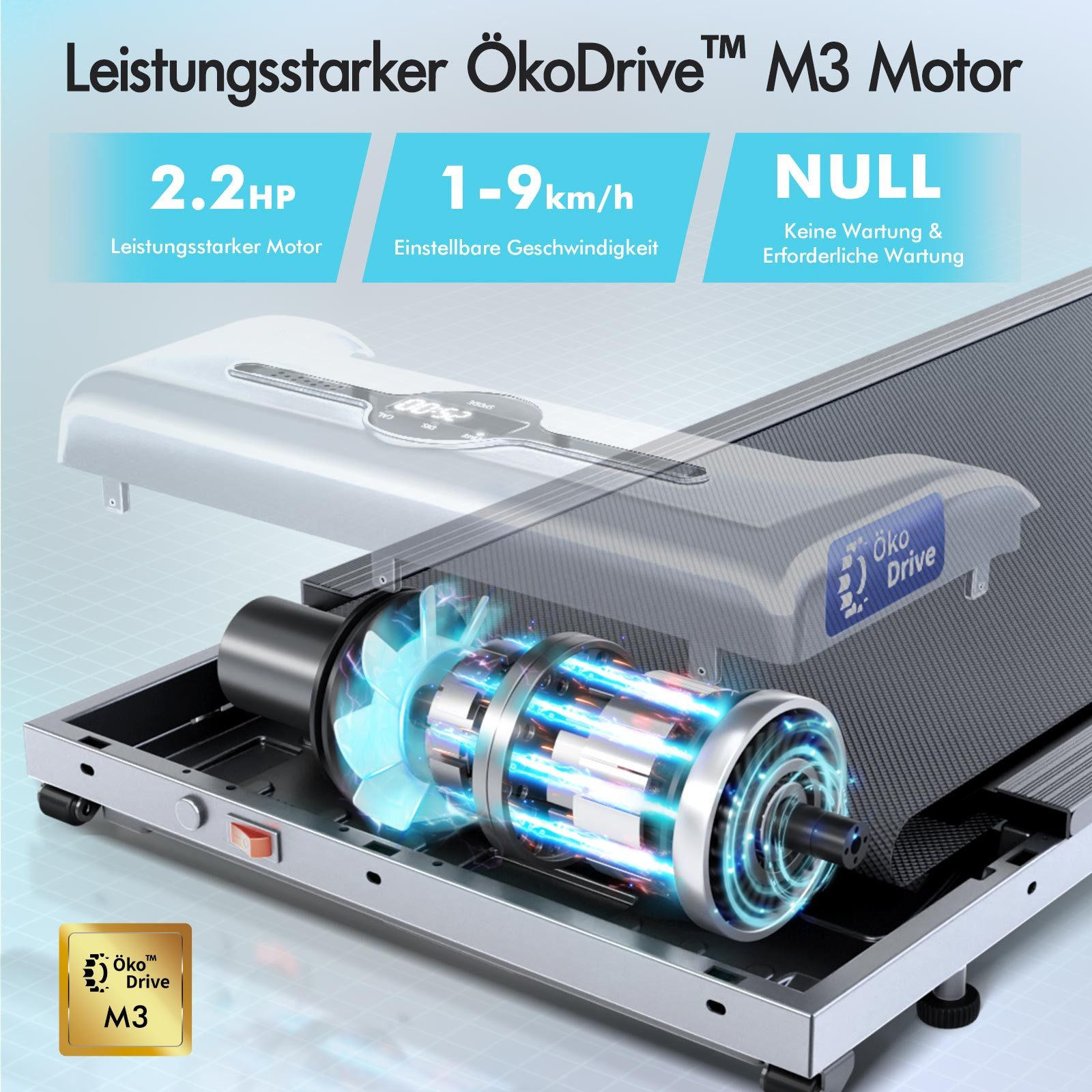 Das Bild zeigt einen ÖkoDrive M3 Motor mit den Angaben 2,2 PS, 1-9 km/h und 'null'. Der Motor befindet sich in einem Laufband.