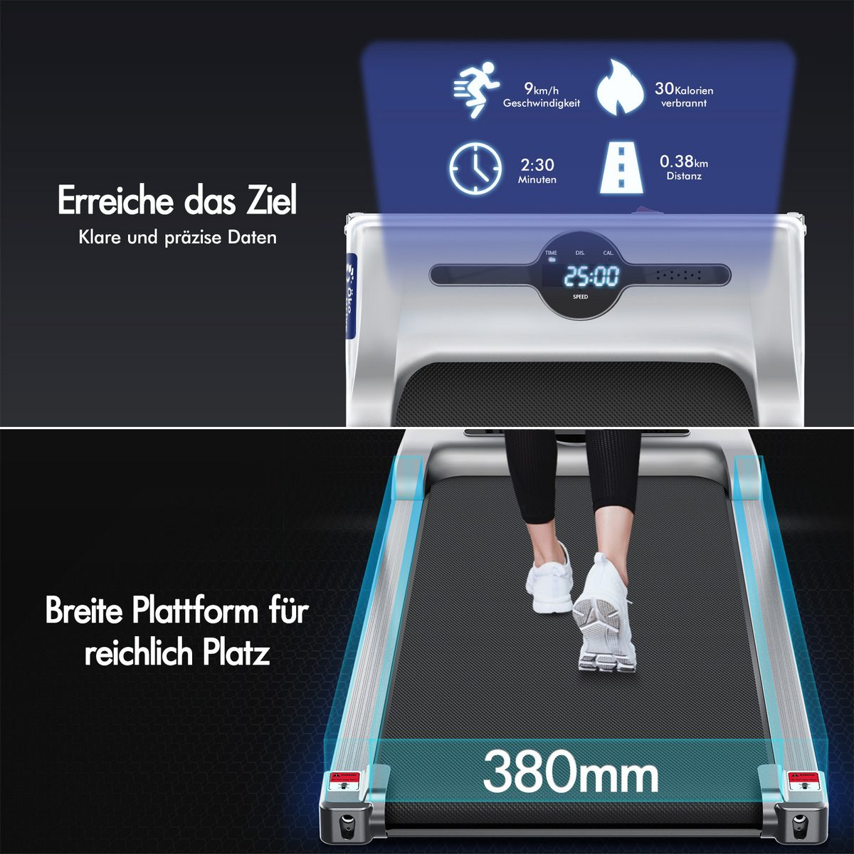 Person geht auf Laufband. Anzeige zeigt Geschwindigkeit, Zeit, Kalorien und Distanz. Die Plattform ist 380mm breit.