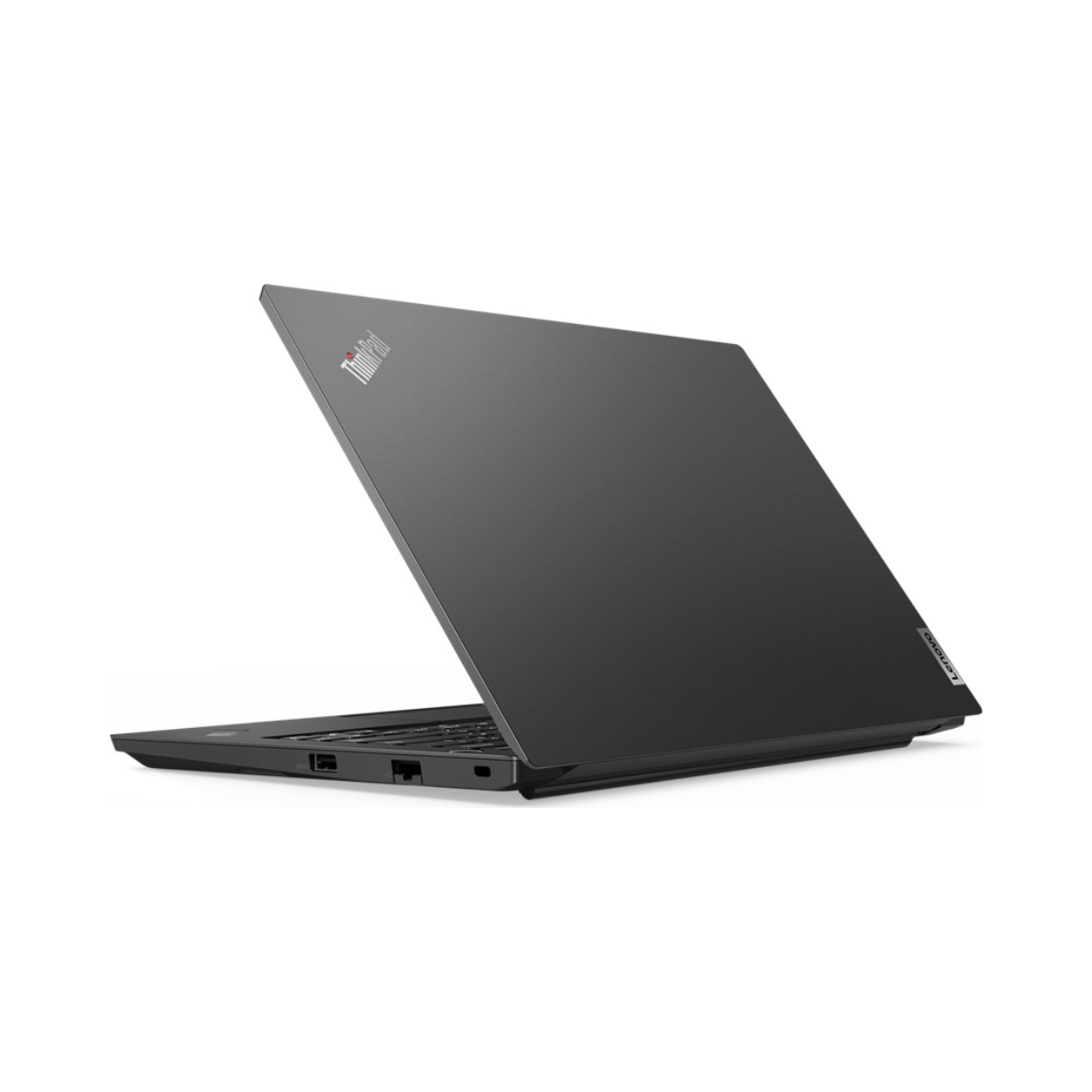 Ein dunkelgrauer Lenovo ThinkPad-Laptop ist auf einer weißen Oberfläche geöffnet. Das ThinkPad-Logo ist auf dem Deckel sichtbar.