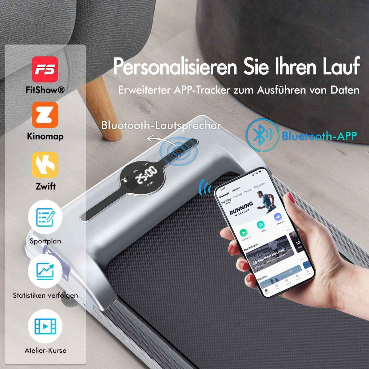 Ein Laufband mit Telefon, das eine Lauf-App anzeigt. Es zeigt Zeit, Distanz und Geschwindigkeit an. Bluetooth- und App-Integration werden hervorgehoben.