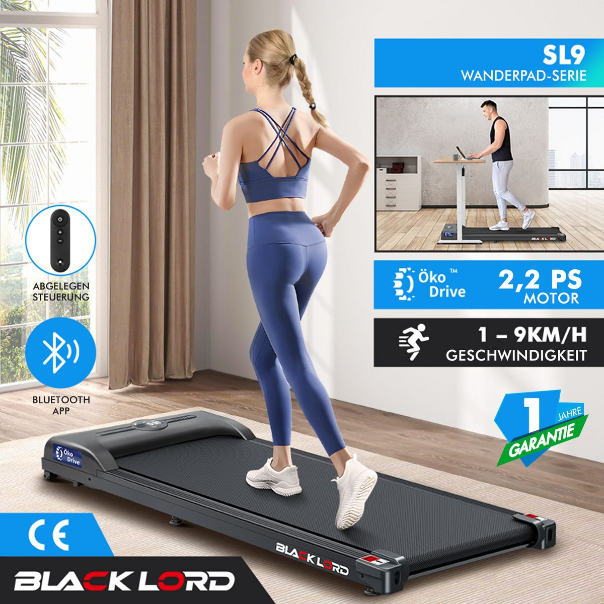 Eine Frau läuft auf einem Laufband. Das Bild enthält Produktdetails und Marken wie 'BLACK LORD' und 'SL9 WANDERPAD-SERIE'.