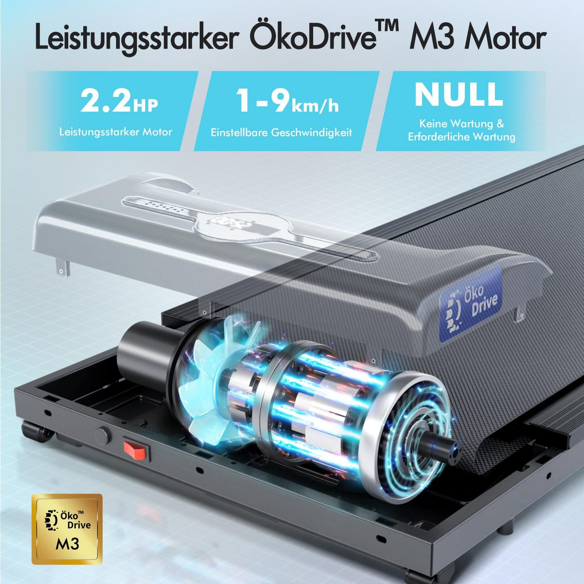 Ein Laufbandmotor mit blau leuchtenden Elementen, der Spezifikationen anzeigt: 2,2 PS, 1-9 km/h und 'NULL' für die Wartung. Ein metallisches Design.