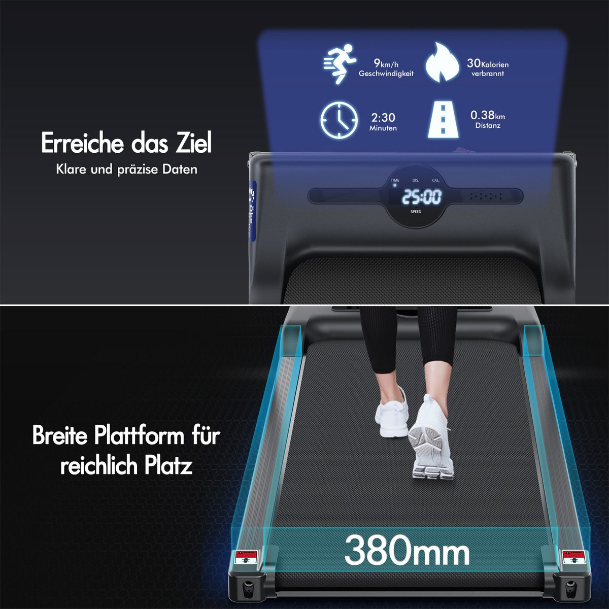 Person läuft auf einem Laufband. Display zeigt Geschwindigkeit, Zeit, Kalorien und Distanz. Die Plattform ist 380 mm breit.