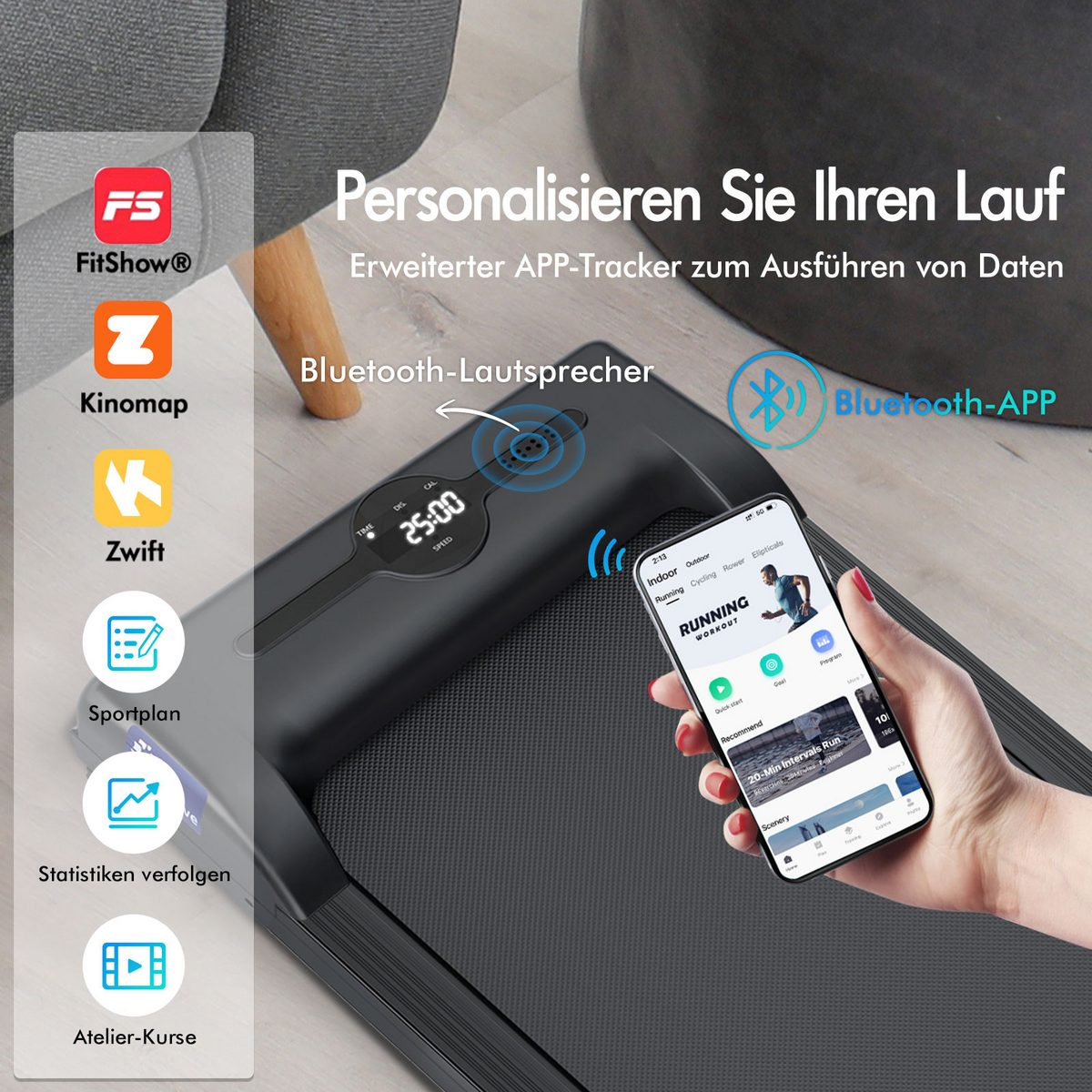Ein Laufband mit einem Telefon, das eine Lauf-Workout-App anzeigt. Eine Hand hält das Telefon. Es gibt App-Symbole und Text.