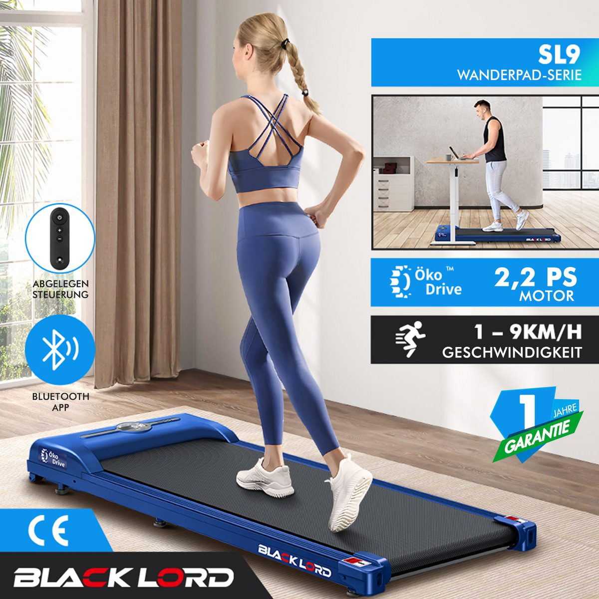 Eine Frau läuft auf einem blauen Laufband. Infografiken zeigen einen Mann auf einem Laufband, Bluetooth und Produktspezifikationen. Markenname: Black Lord.