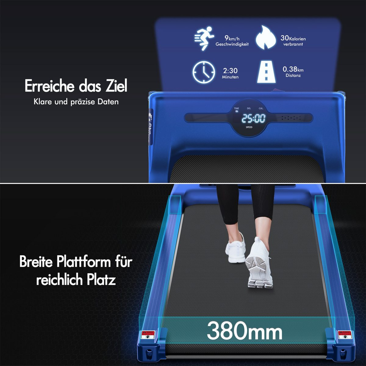 Eine Person geht auf einem blauen Laufband. Das Display zeigt Geschwindigkeit, Zeit, Distanz und verbrannte Kalorien. Text: breite Plattform.