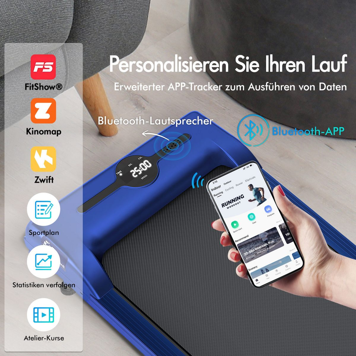 Blaues Laufband mit Handy, das eine Lauf-App zeigt. Apps wie FitShow, Zwift und Kinomap werden angezeigt. Zeit und Geschwindigkeit.