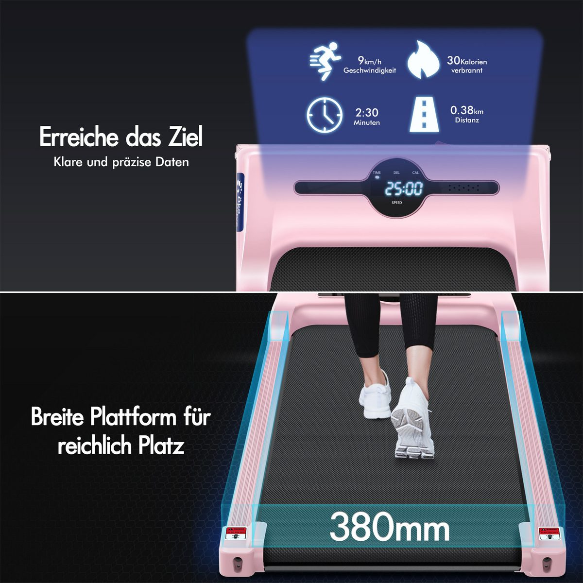 Ein rosa Laufband mit Anzeige von Geschwindigkeit, Zeit, Distanz und Kalorienverbrauch. Eine Person geht darauf.