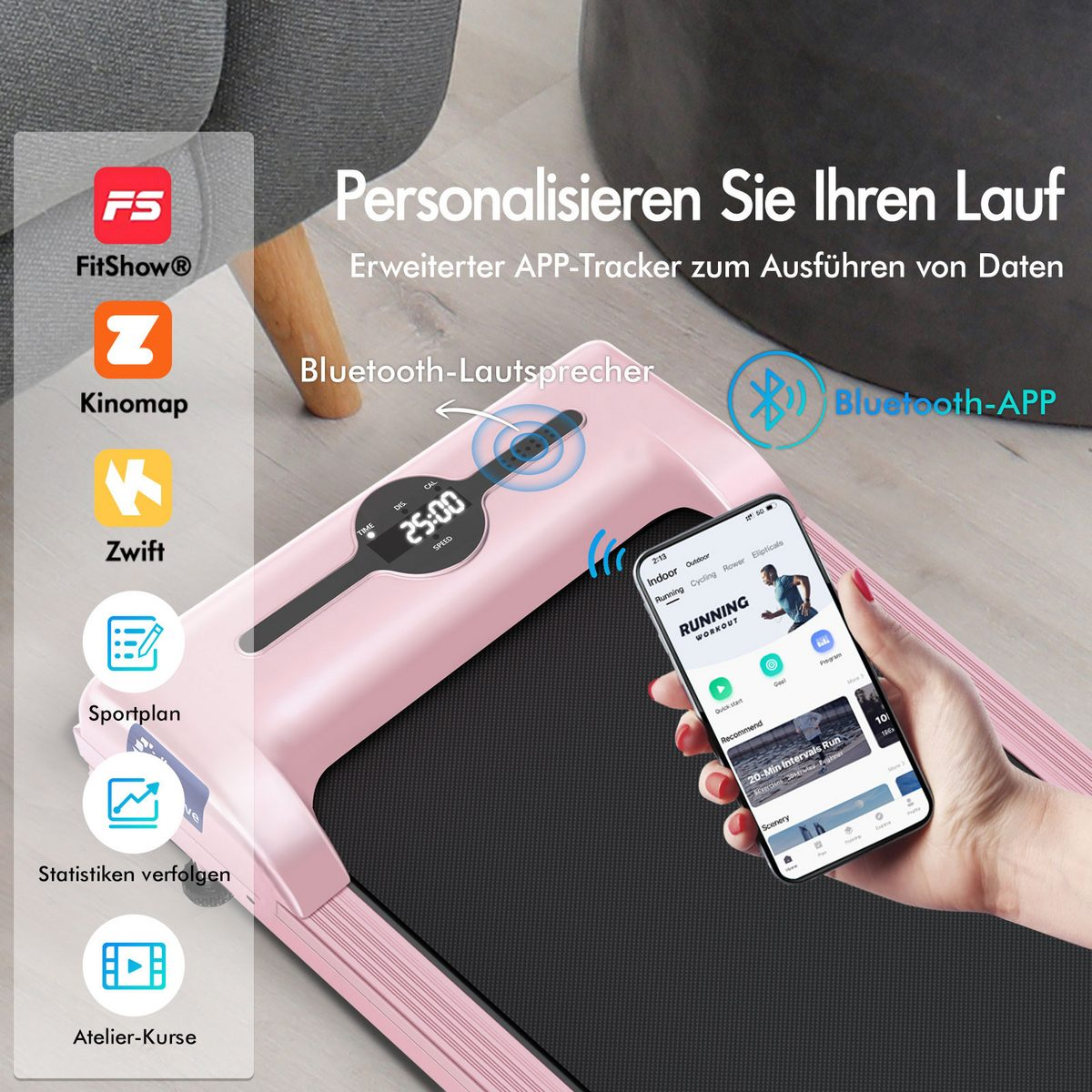 Rosa Laufband mit Handy, das eine Lauf-App zeigt. Bluetooth-Lautsprecher und App-Symbole sind sichtbar. Text: 'Personalisiere deinen Lauf'.