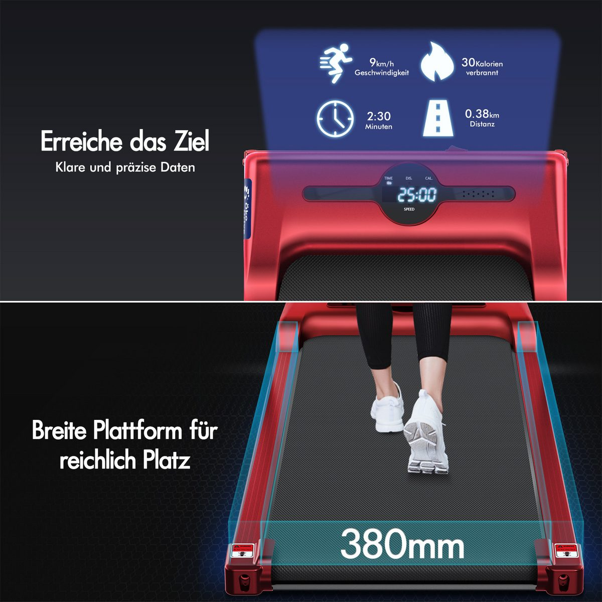 Rotes Laufband zeigt Geschwindigkeit, Zeit, Distanz und Kalorienverbrauch. Eine Person geht darauf. Text: Breite Plattform für viel Platz.