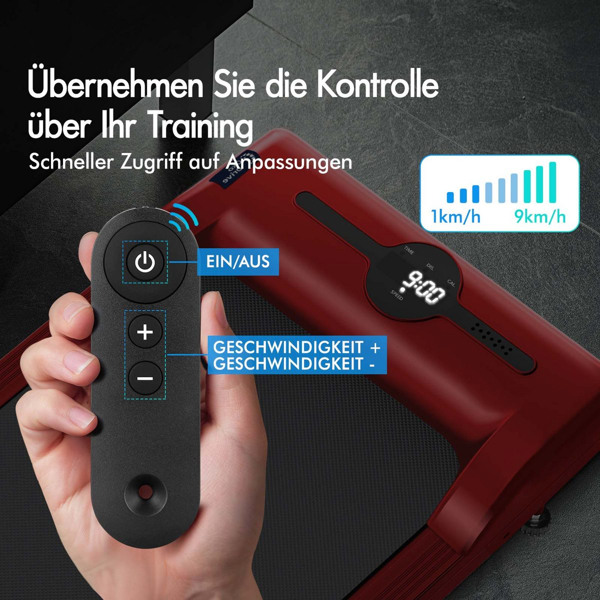 Eine Hand hält eine Fernbedienung mit Ein/Aus-, Plus- und Minustasten. Ein Laufbanddisplay zeigt Geschwindigkeit und Zeit.